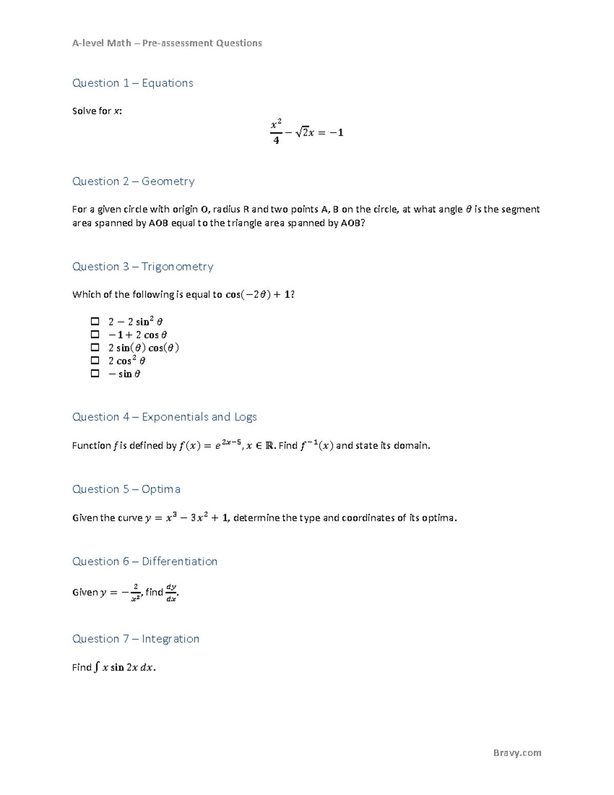 A level Maths questions Bravy - A-level Math – Pre-assessment Questions ...