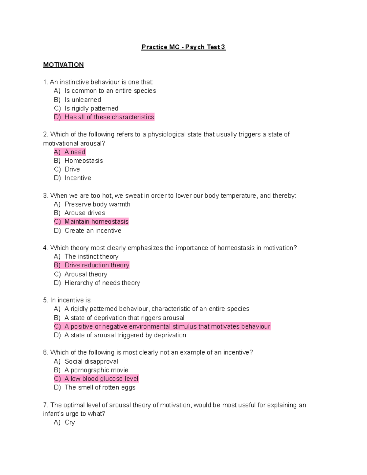 Practice MC for Test 3 - Motivation - Practice MC - Psych Test 3 ...