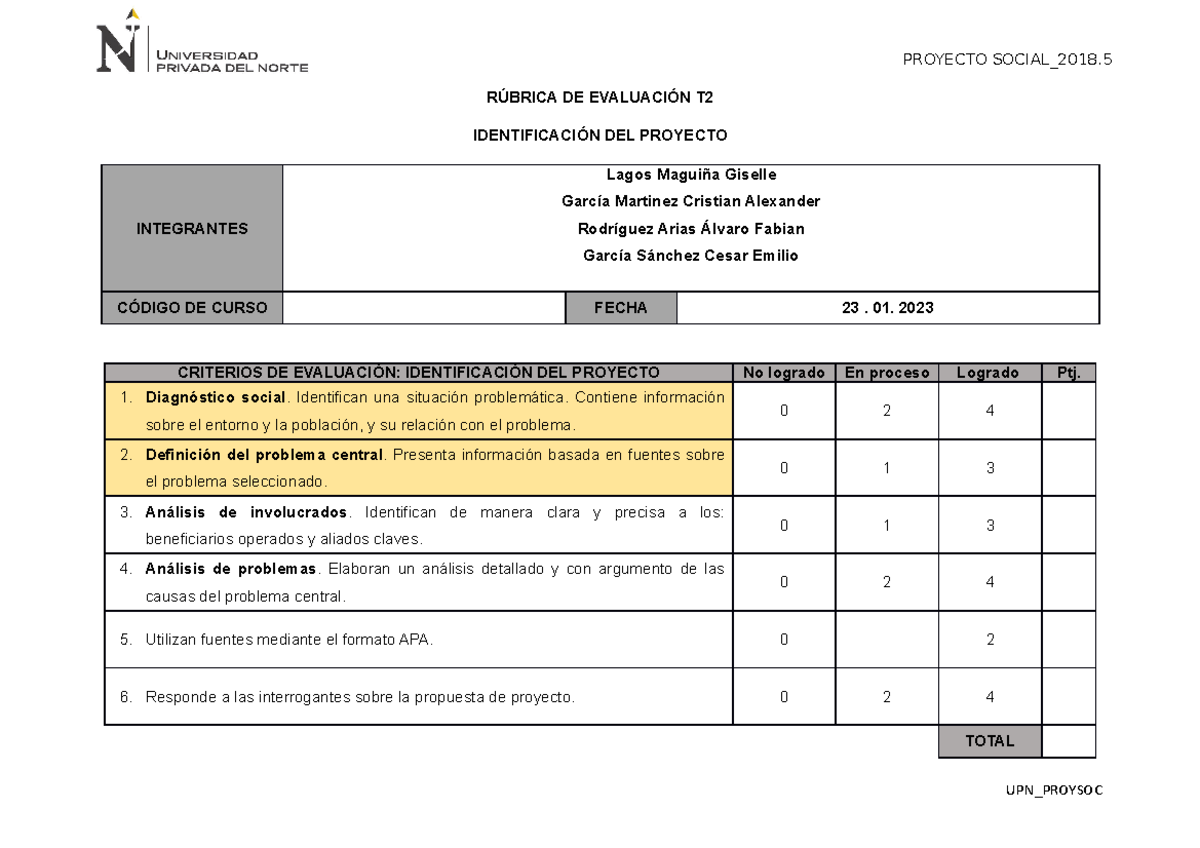 Proyecto Social T2 Grupo 5 - RÚBRICA DE EVALUACIÓN T IDENTIFICACIÓN DEL ...