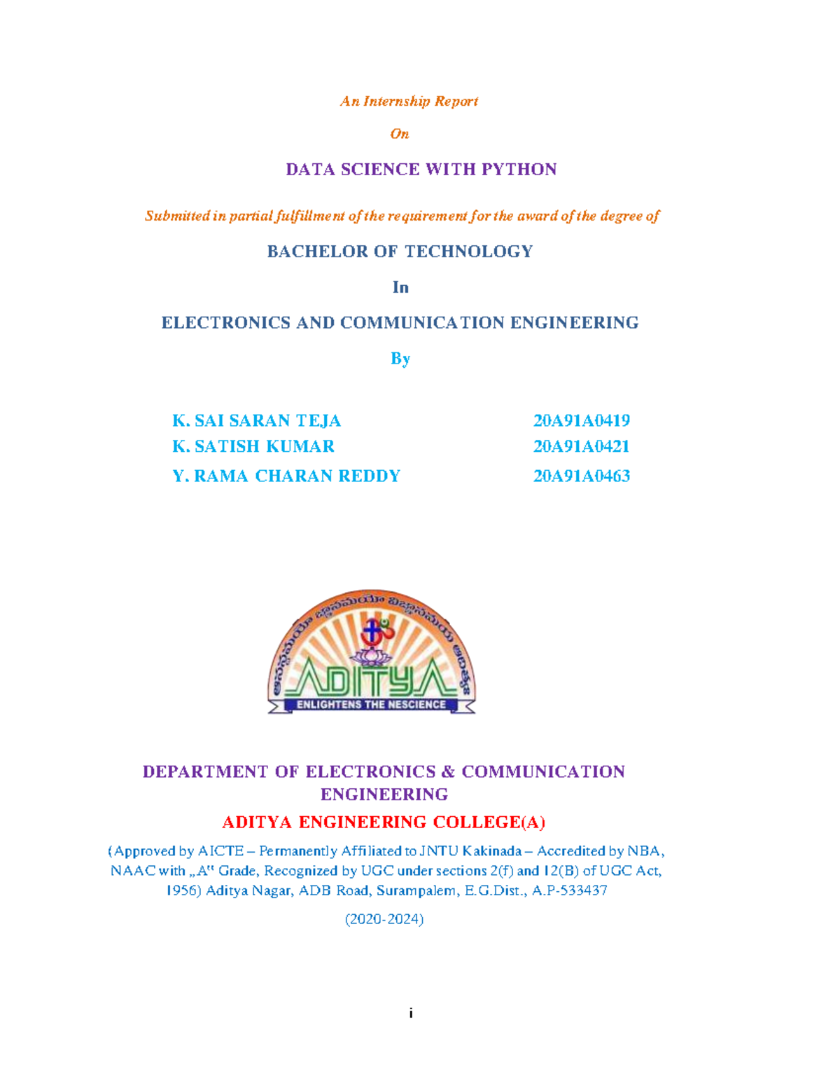 INP 20A91A0463 - i An Internship Report On DATA SCIENCE WITH PYTHON ...