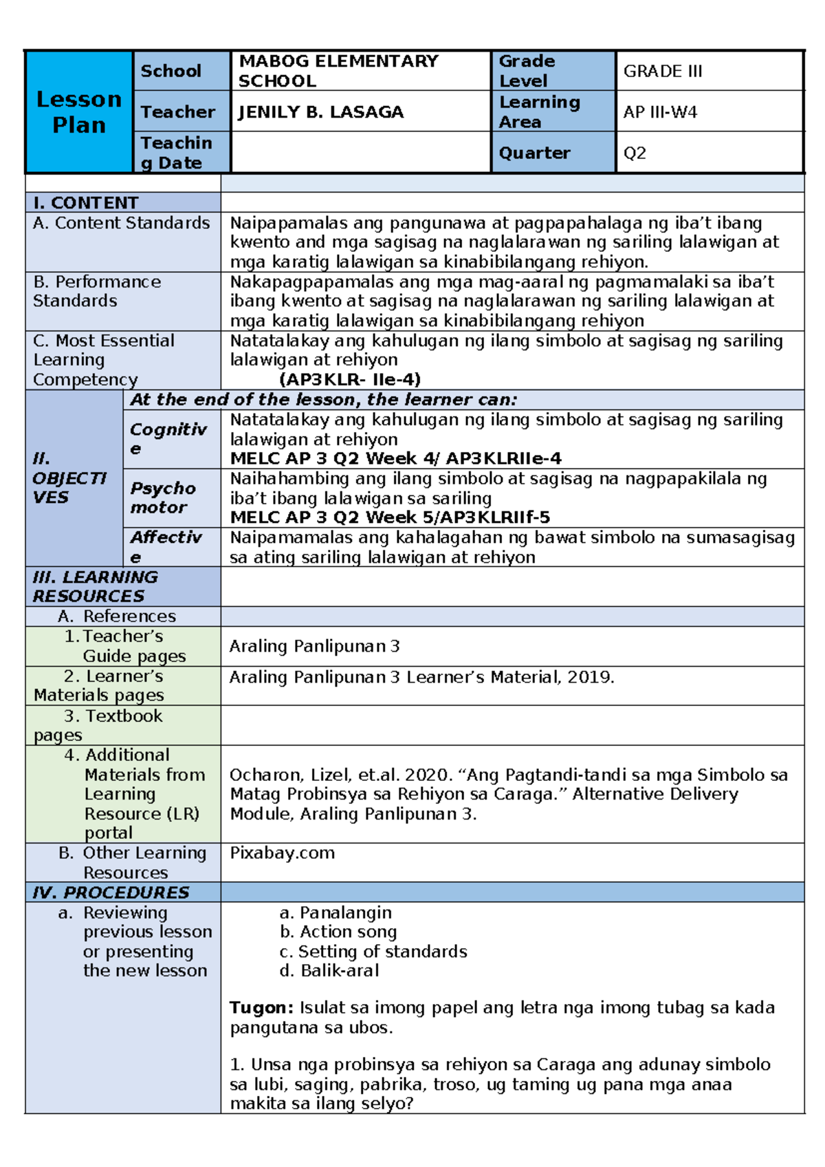 AP3 CO2 - DLL AP 3 CO2 - Lesson Plan School MABOG ELEMENTARY SCHOOL ...