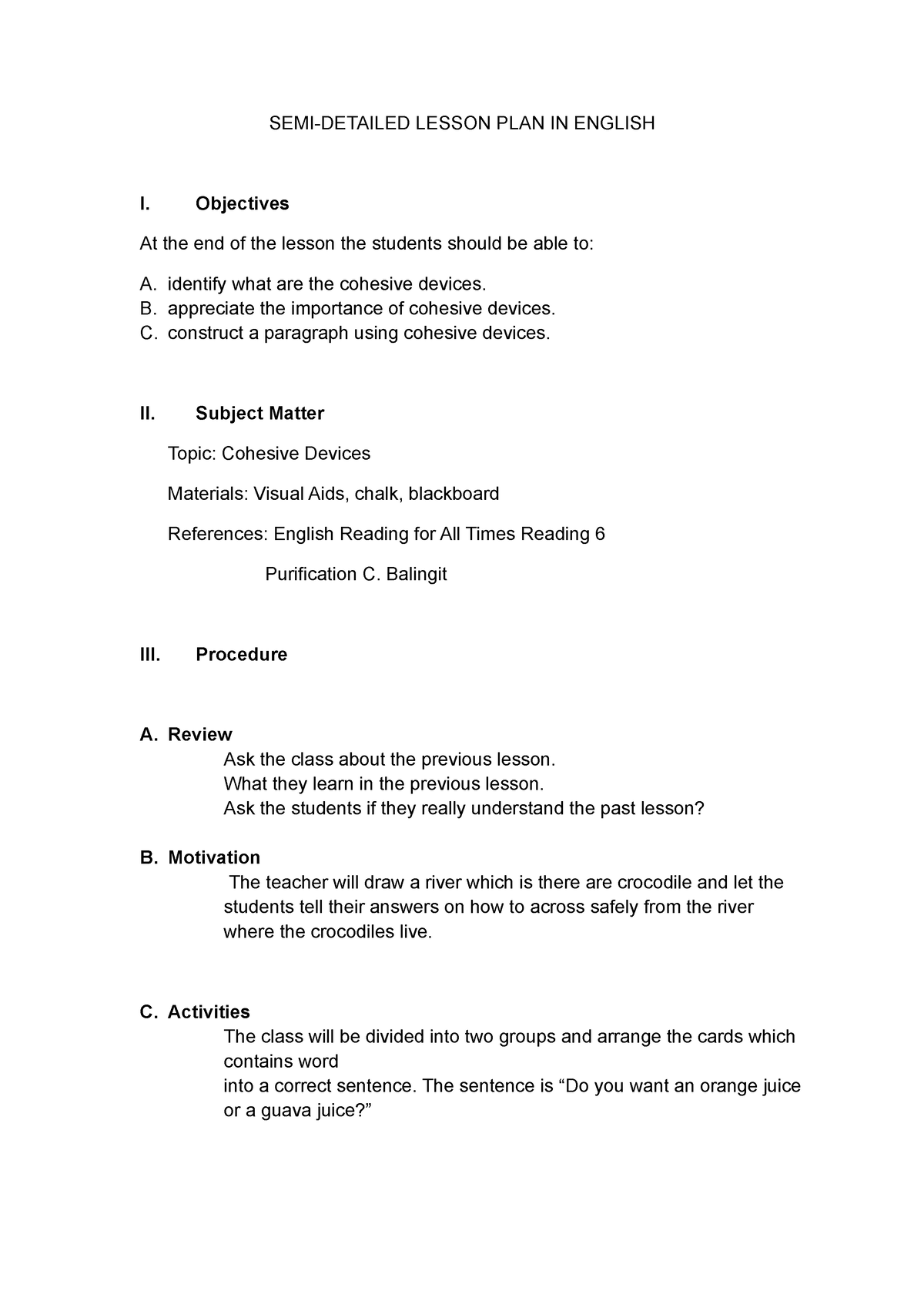 SEMI Detailed Lesson PLAN IN English - SEMI-DETAILED LESSON PLAN IN ...