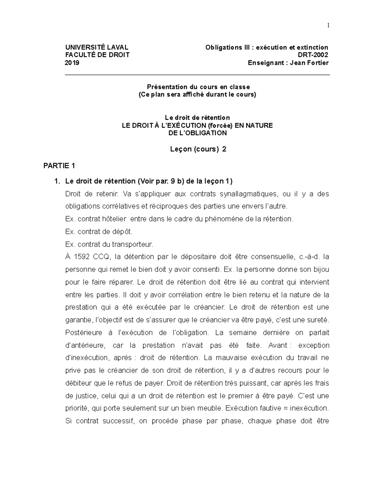 Cours 2 plan - Le droit de rétention - UNIVERSITÉ LAVAL Obligations III ...