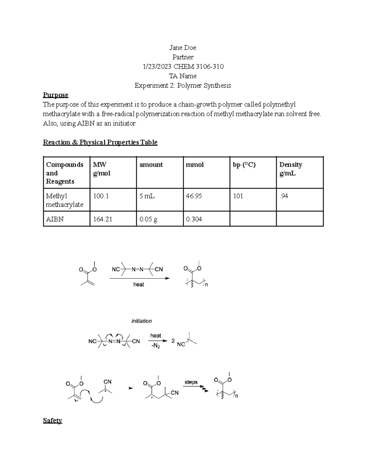 Copy Of CHEM 3106 Experiment 2 - Jane Doe Partner 1/23/2023 CHEM 3106 ...