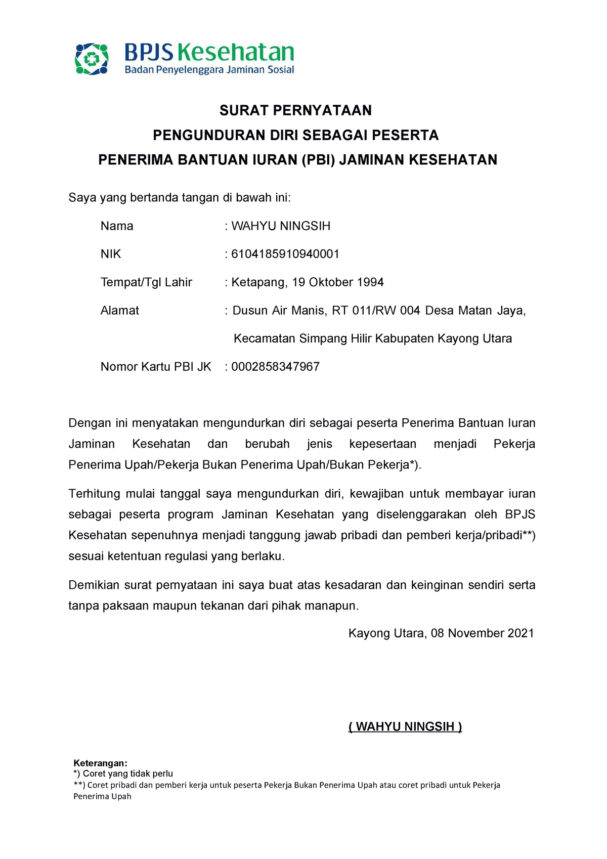 Surat Pernyataan Bpjs Surat Pernyataan Pengunduran Diri Sebagai Peserta Penerima Bantuan Iuran 1657