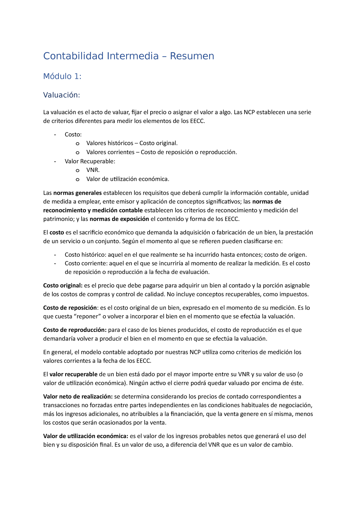 Contabilidad Intermedia Resumen Contabilidad Intermedia Resumen Módulo 1 Valuación La 0344