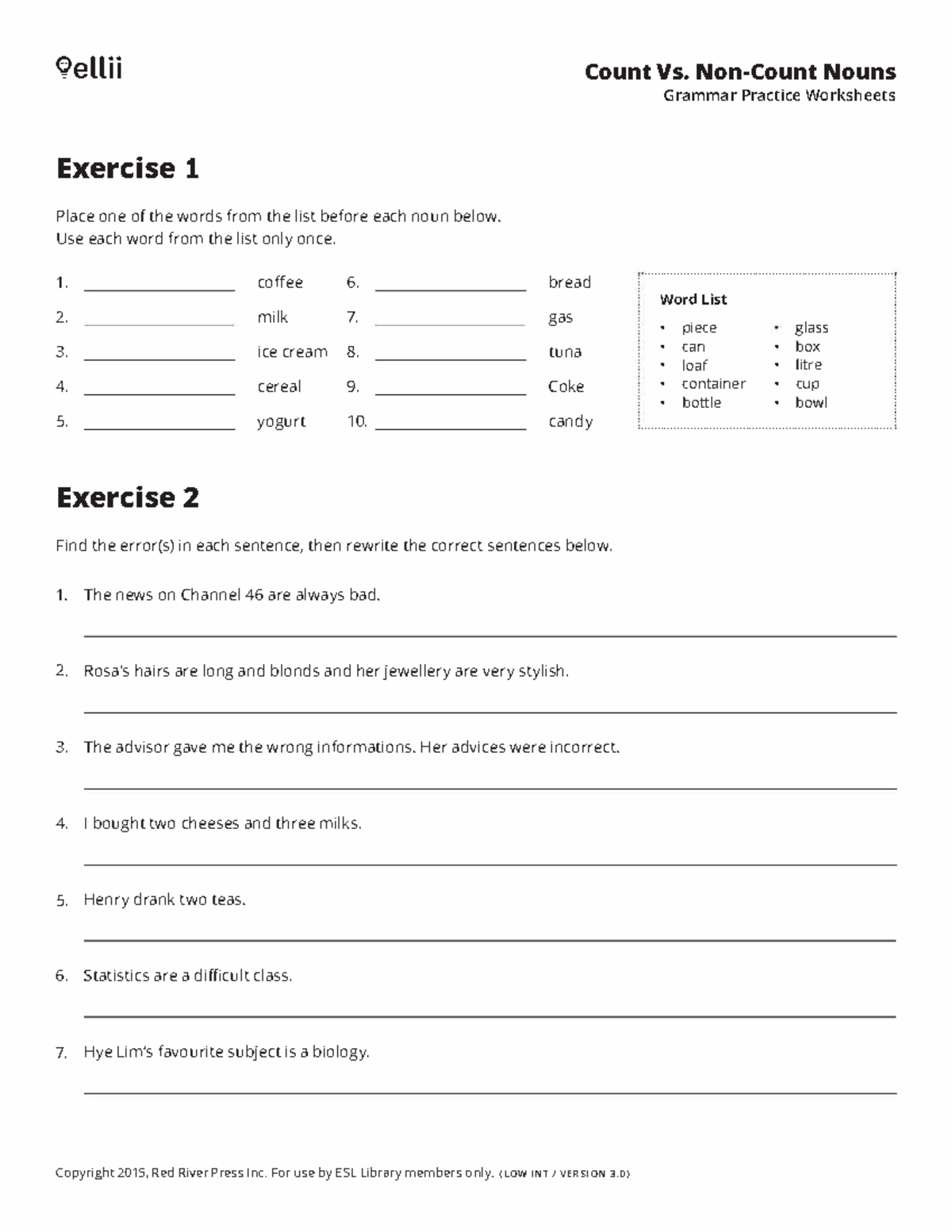 Grammar count vs noncount - Count Vs. Non-Count Nouns Grammar Practice ...