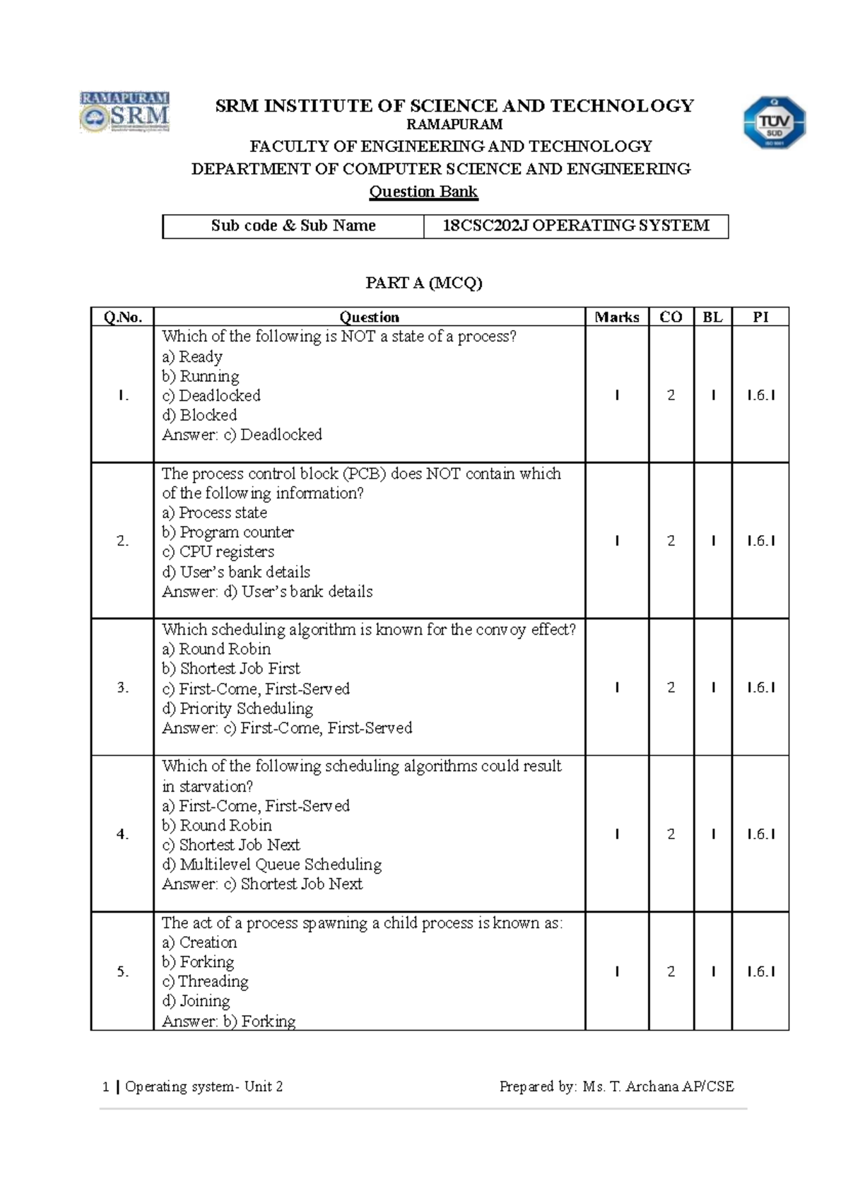 Os unit 2 QB - QB for os unit 1 - SRM INSTITUTE OF SCIENCE AND ...