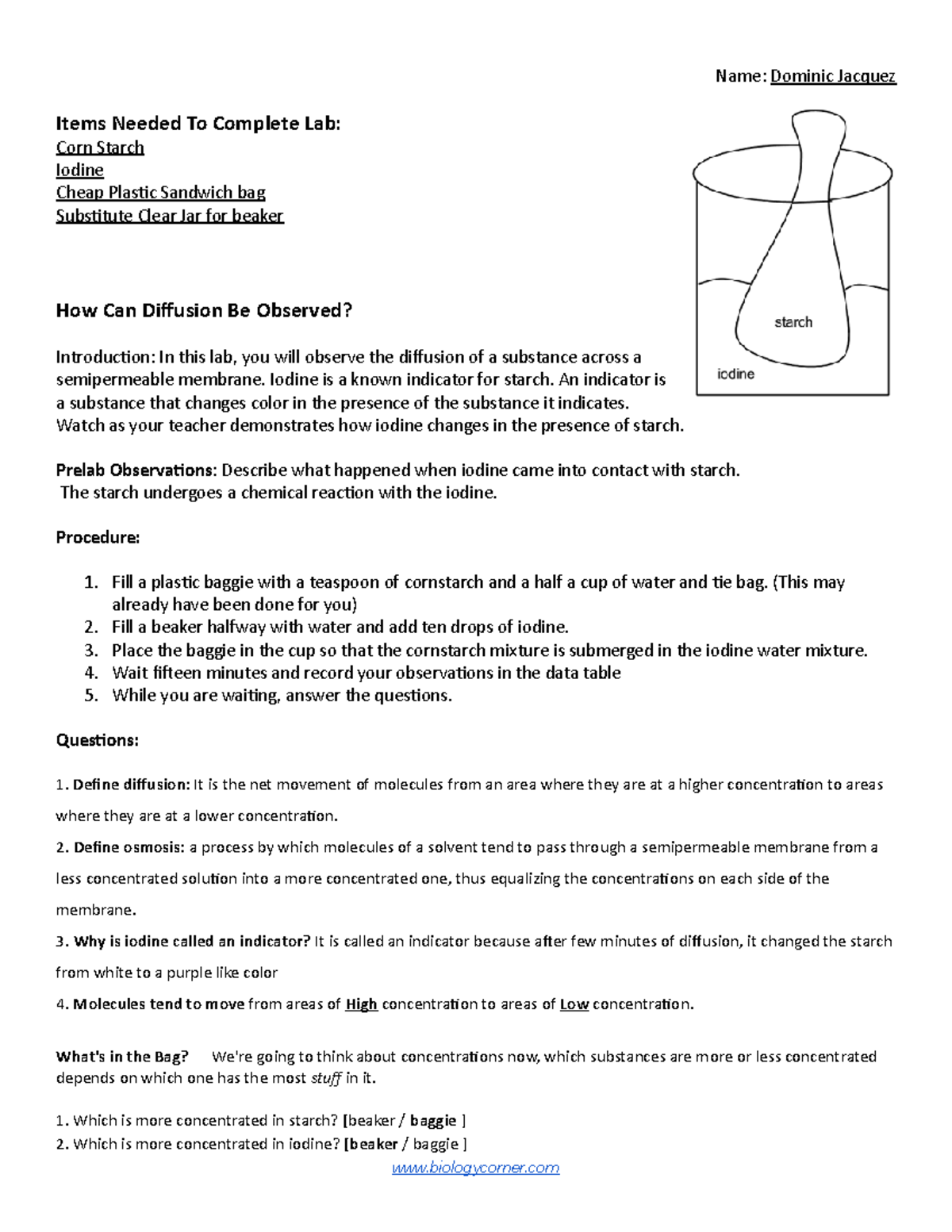 Osmosis Lab completed Name Dominic Jacquez Items Needed To Complete