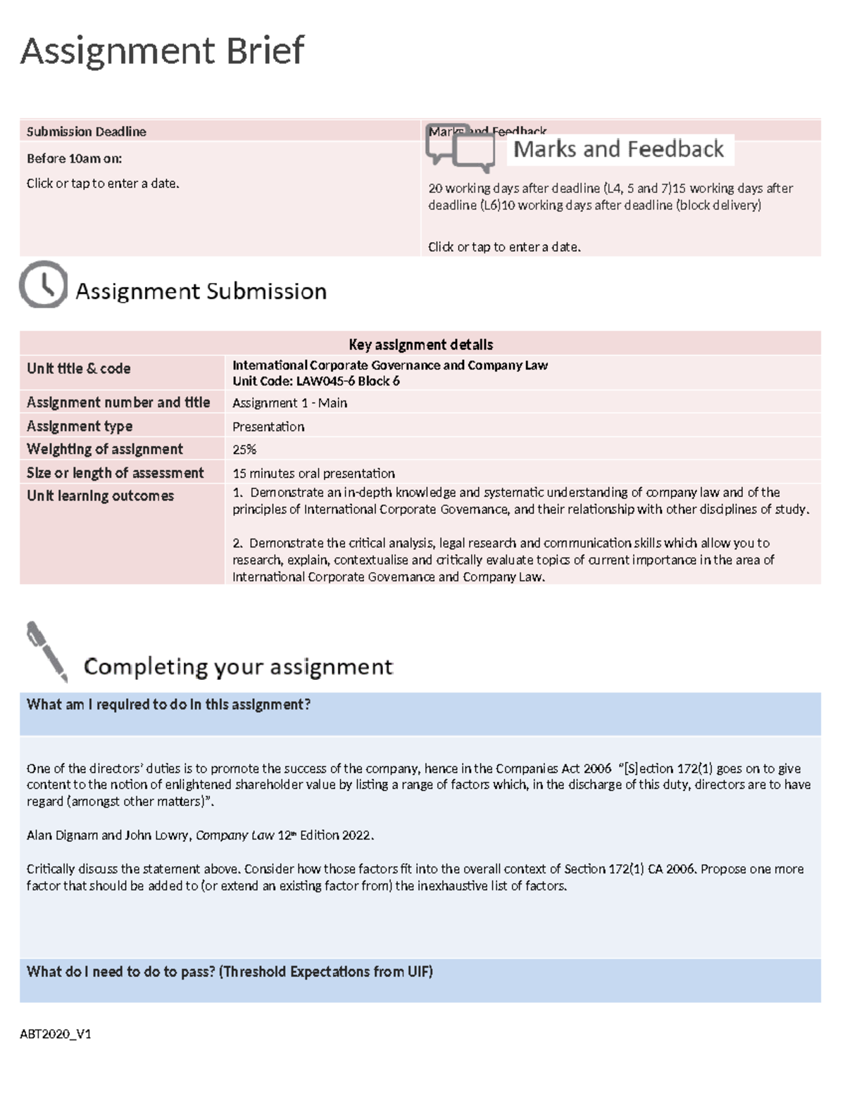 LAW045-6 BLK6 Assessment 1 Main - Assignment Brief Submission Deadline ...