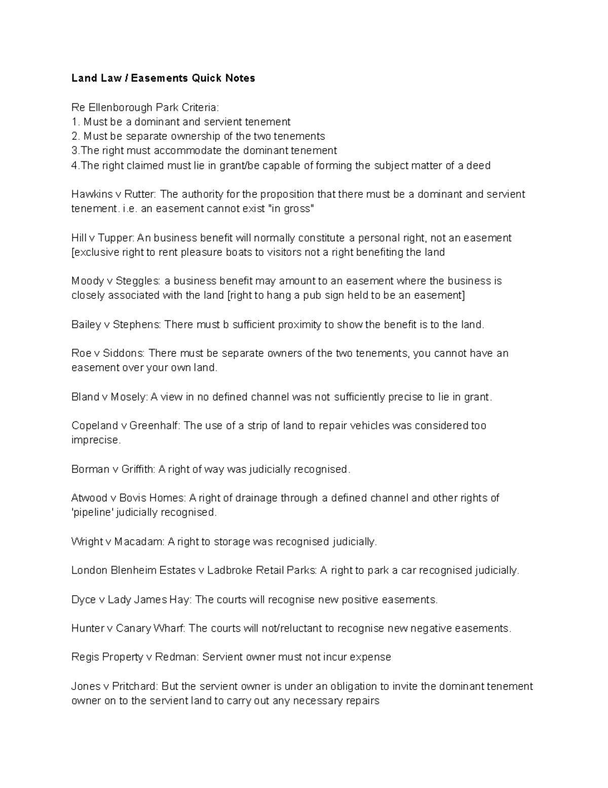 Land Law Easements Quick Notes Land Law Law2270 Leeds Studocu