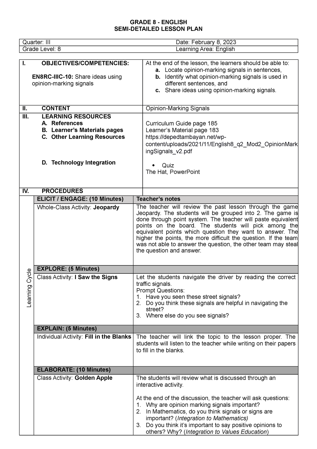 Detailed Lesson Plan In Grade 8 Mapeh Referee Vo Ota 3577