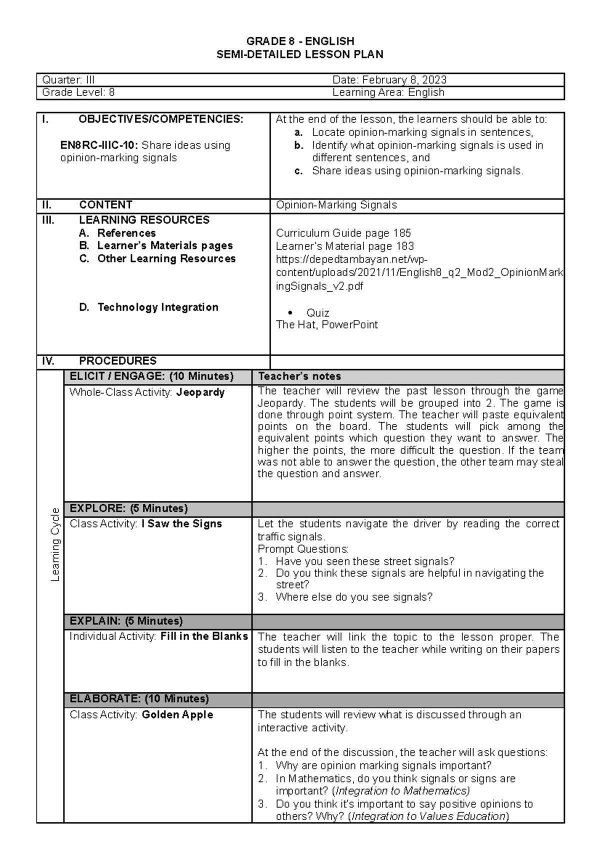 Detailed Lesson Plan G8 Detailed Lesson Plan In Engli Vrogue co