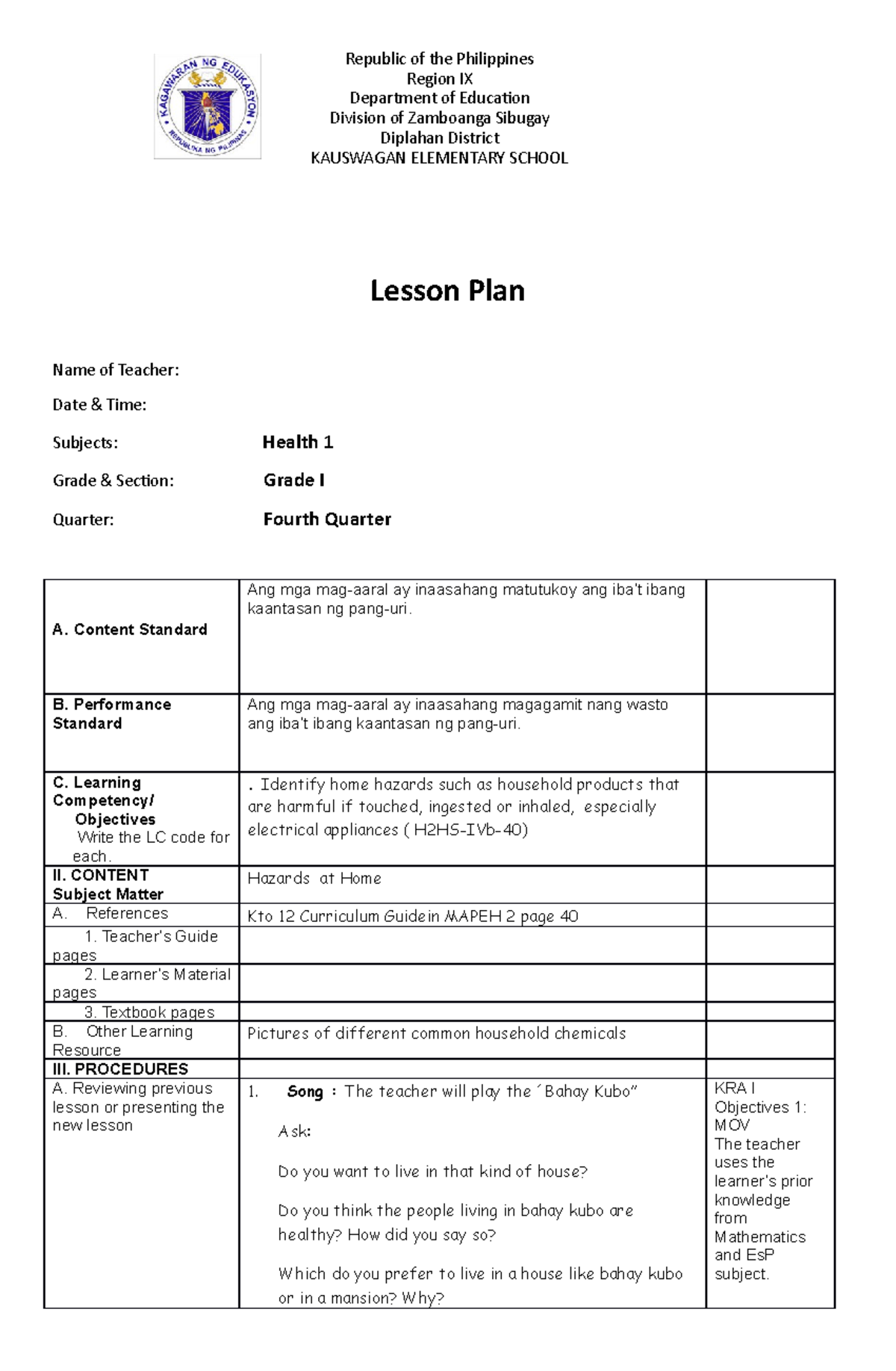 Health 4TH Q - Lesson Plan Name of Teacher: Date & Time: Subjects ...