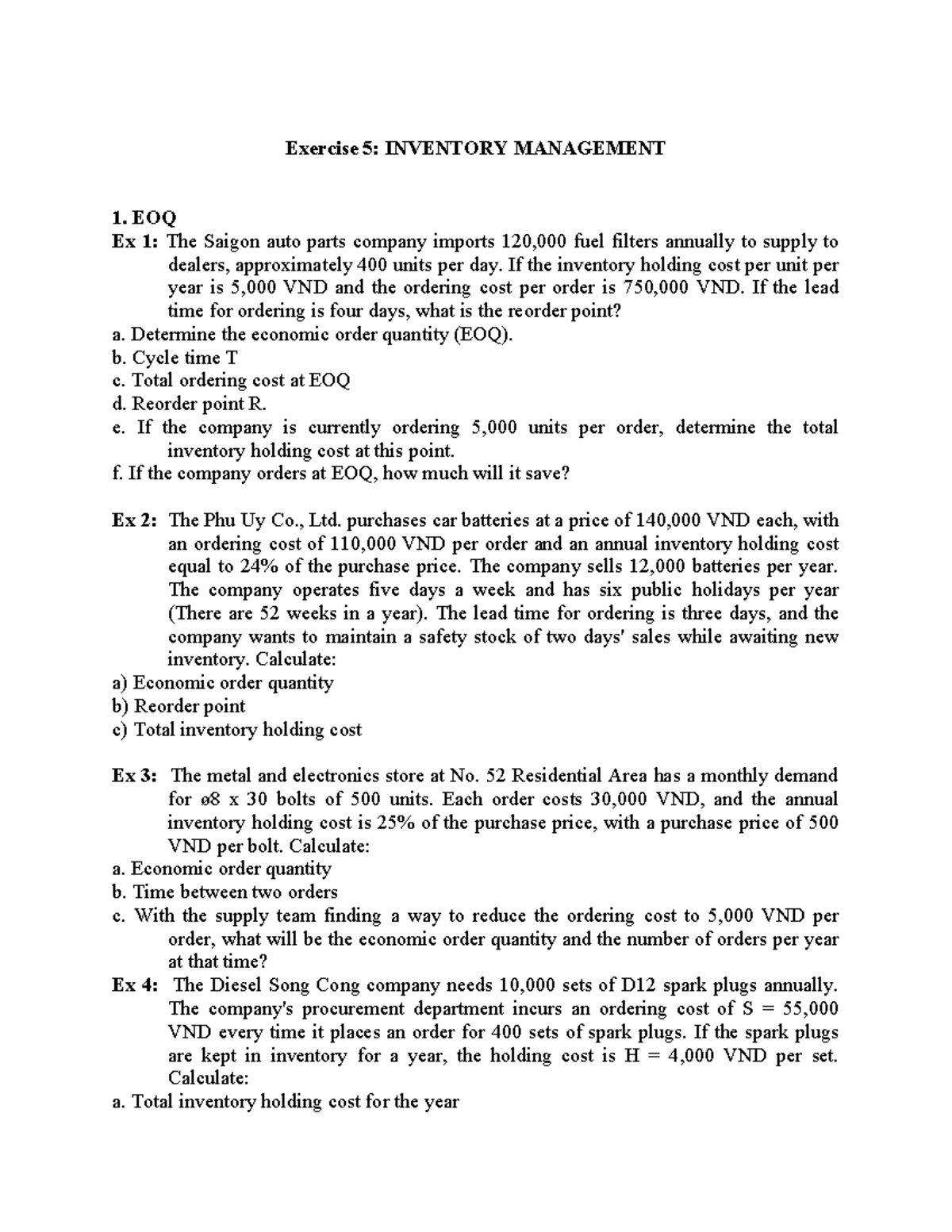 Exercise on Operations Management Chapter 5 - Exercise 5: INVENTORY ...