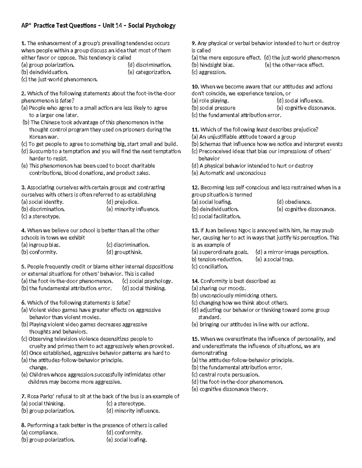 AP Practice Qu. Unit 14 - AP* Practice Test Questions – Unit 14 ...