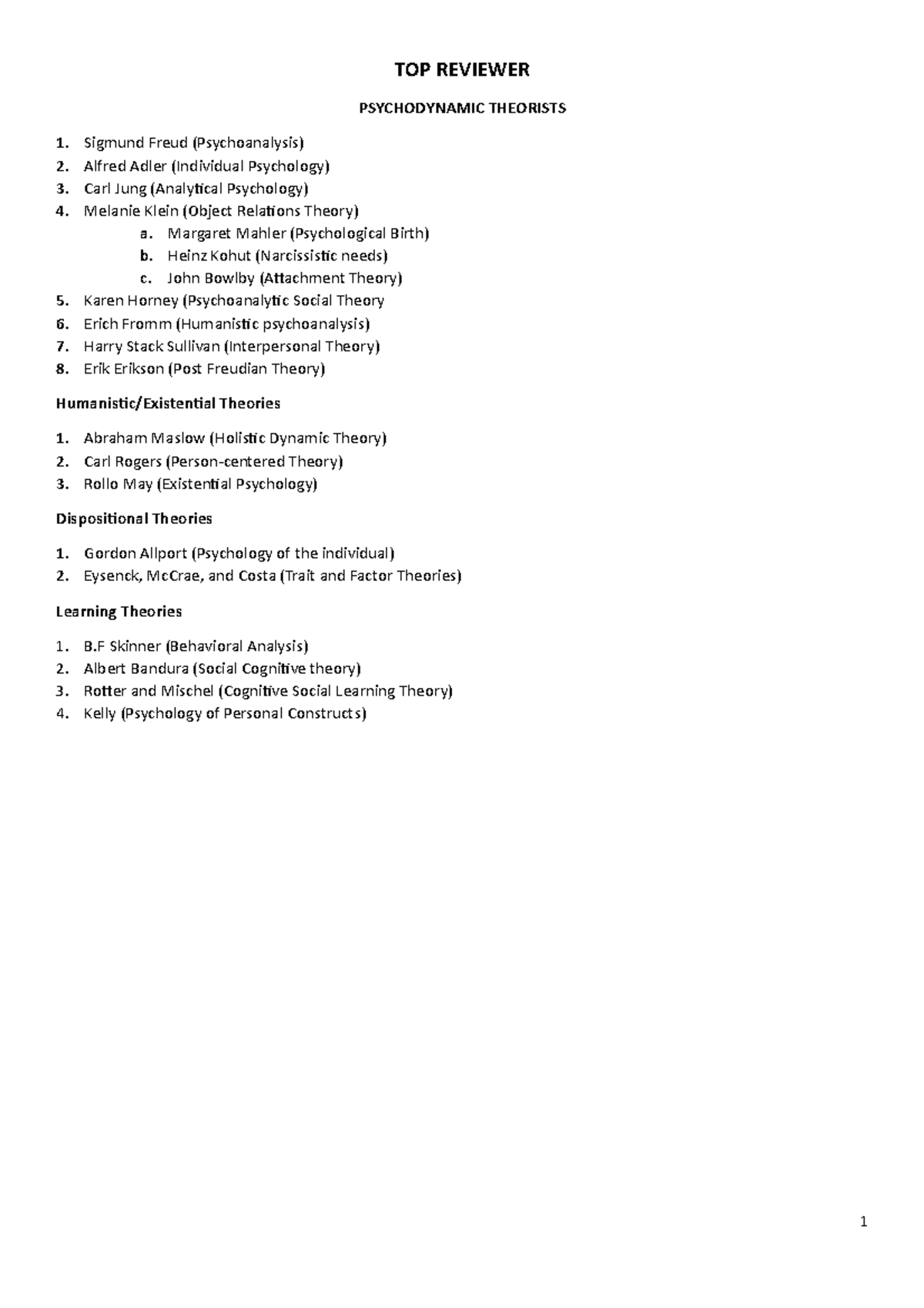 TOP Reviewer - TOP - TOP REVIEWER PSYCHODYNAMIC THEORISTS 1. Sigmund ...