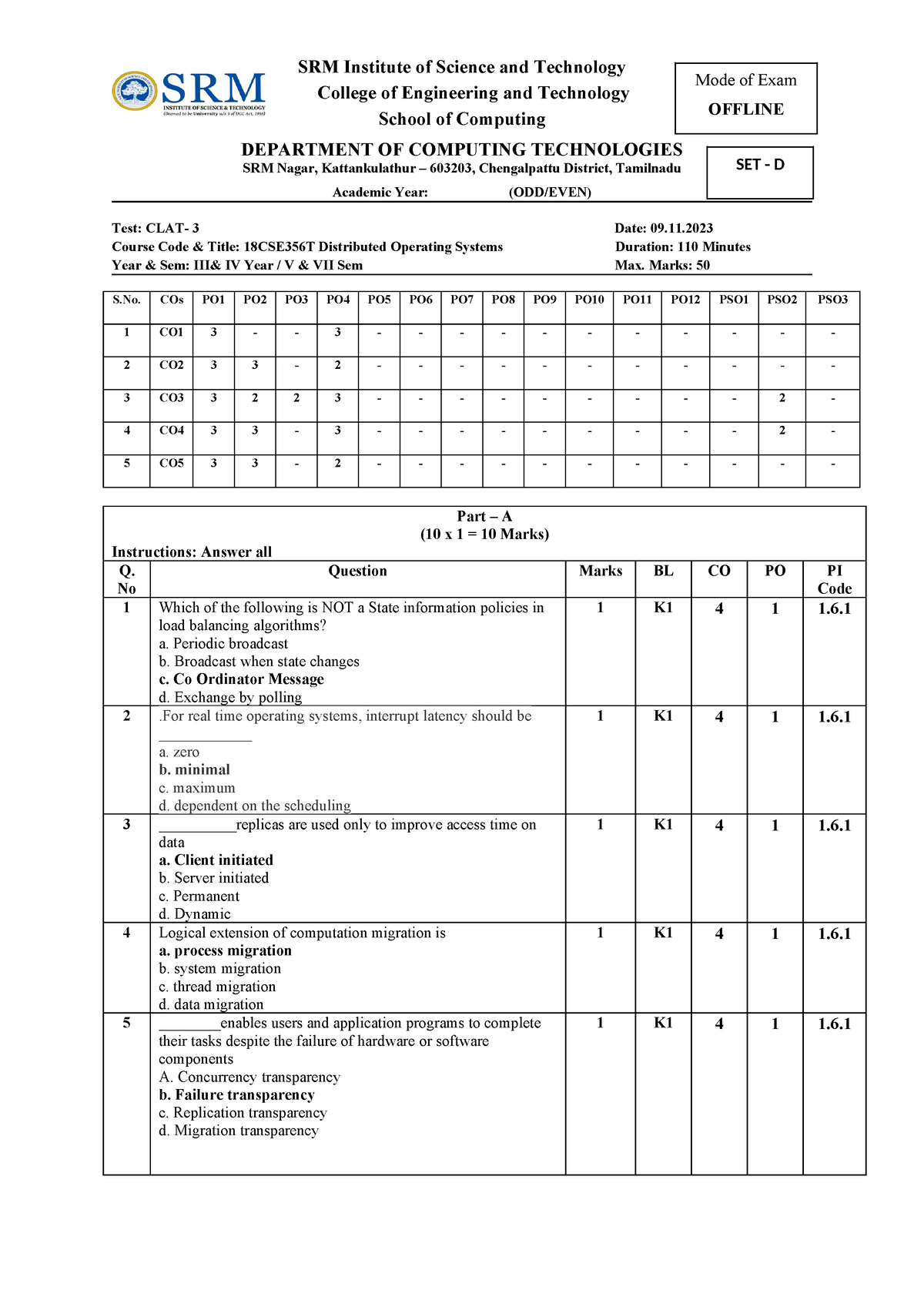 Set D Answer Key CT3 - ...... - SRM Institute Of Science And Technology ...