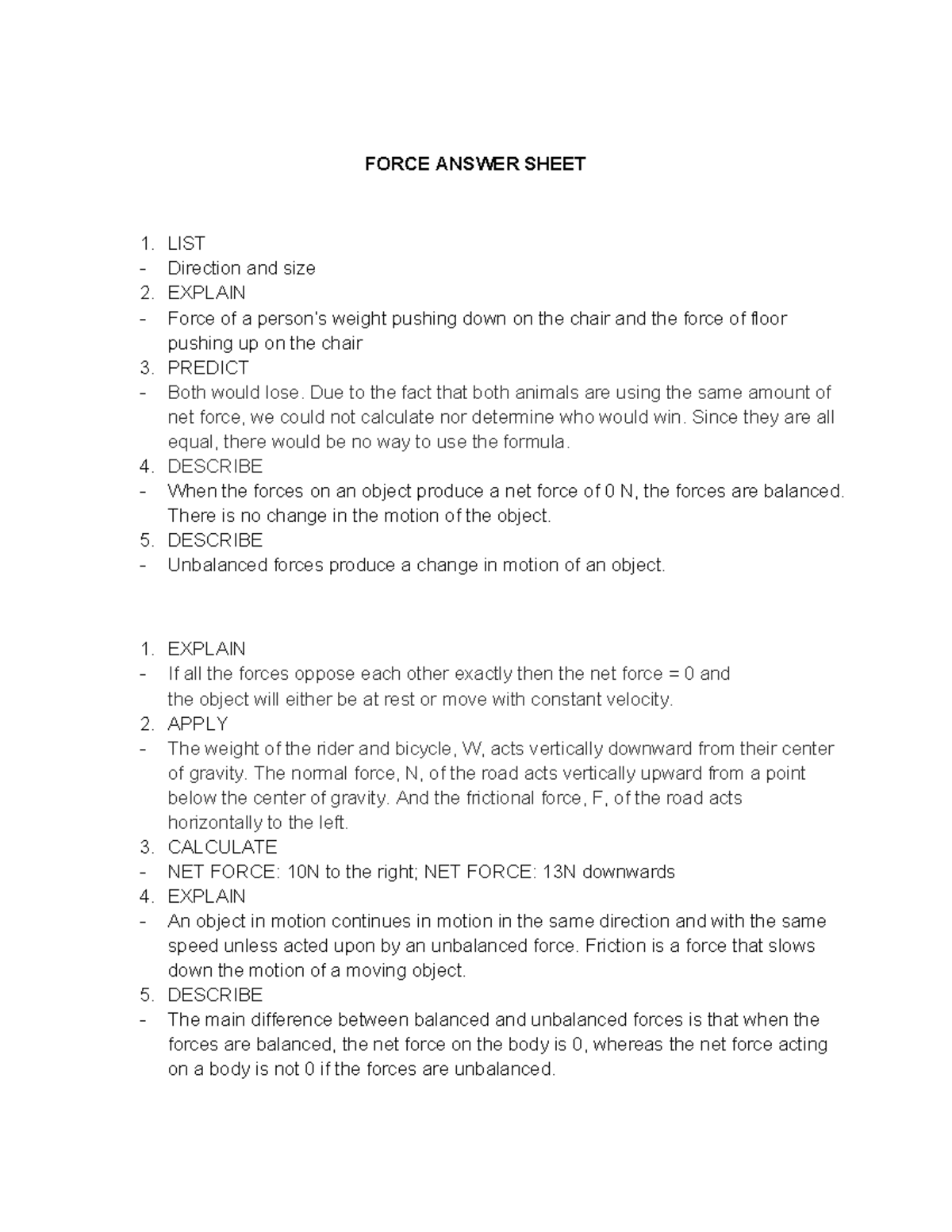 envi science force activity practice - FORCE ANSWER SHEET LlST ...