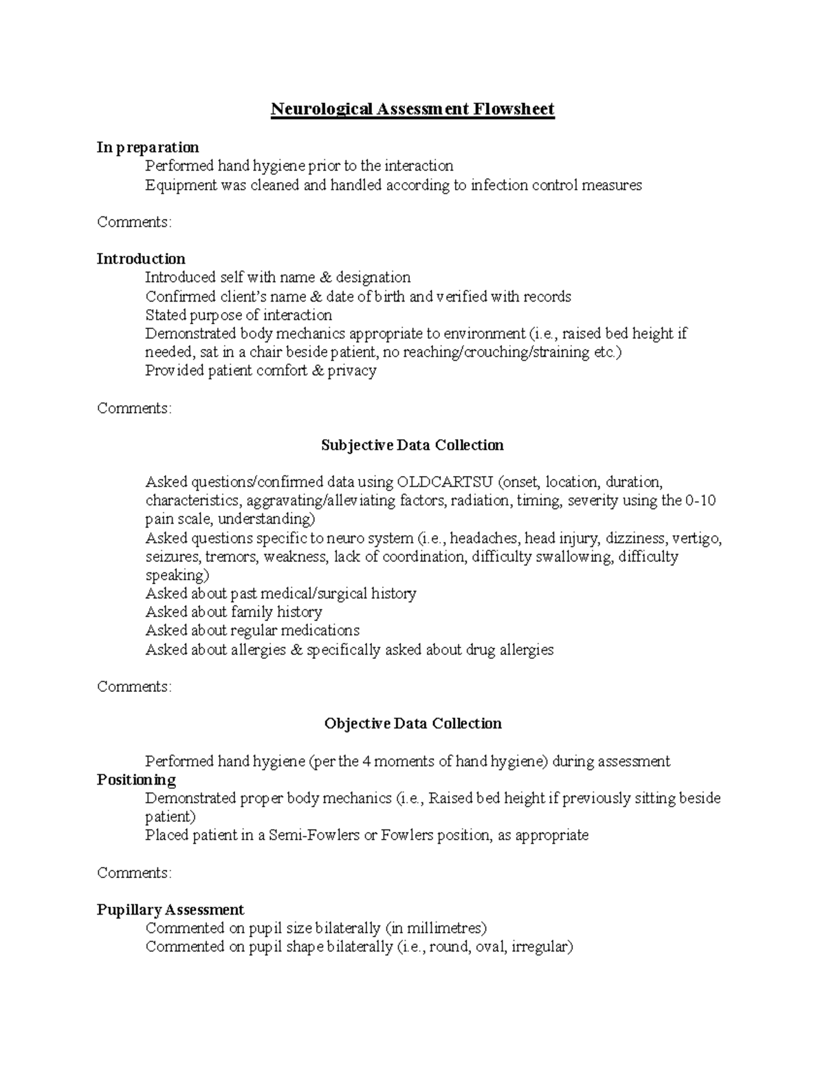 Flowsheet Neurological Assessment 1 - Neurological Assessment Flowsheet ...