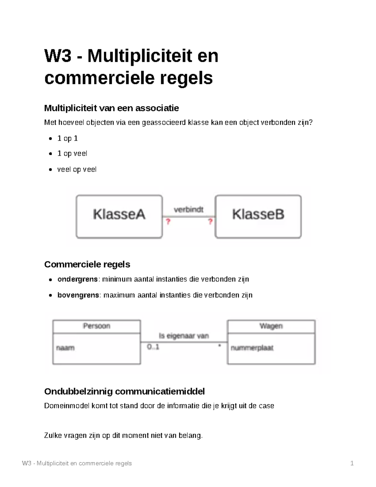 Samenvatting P1 W3 Multipliciteit & Commerciele regels - Software - StuDocu