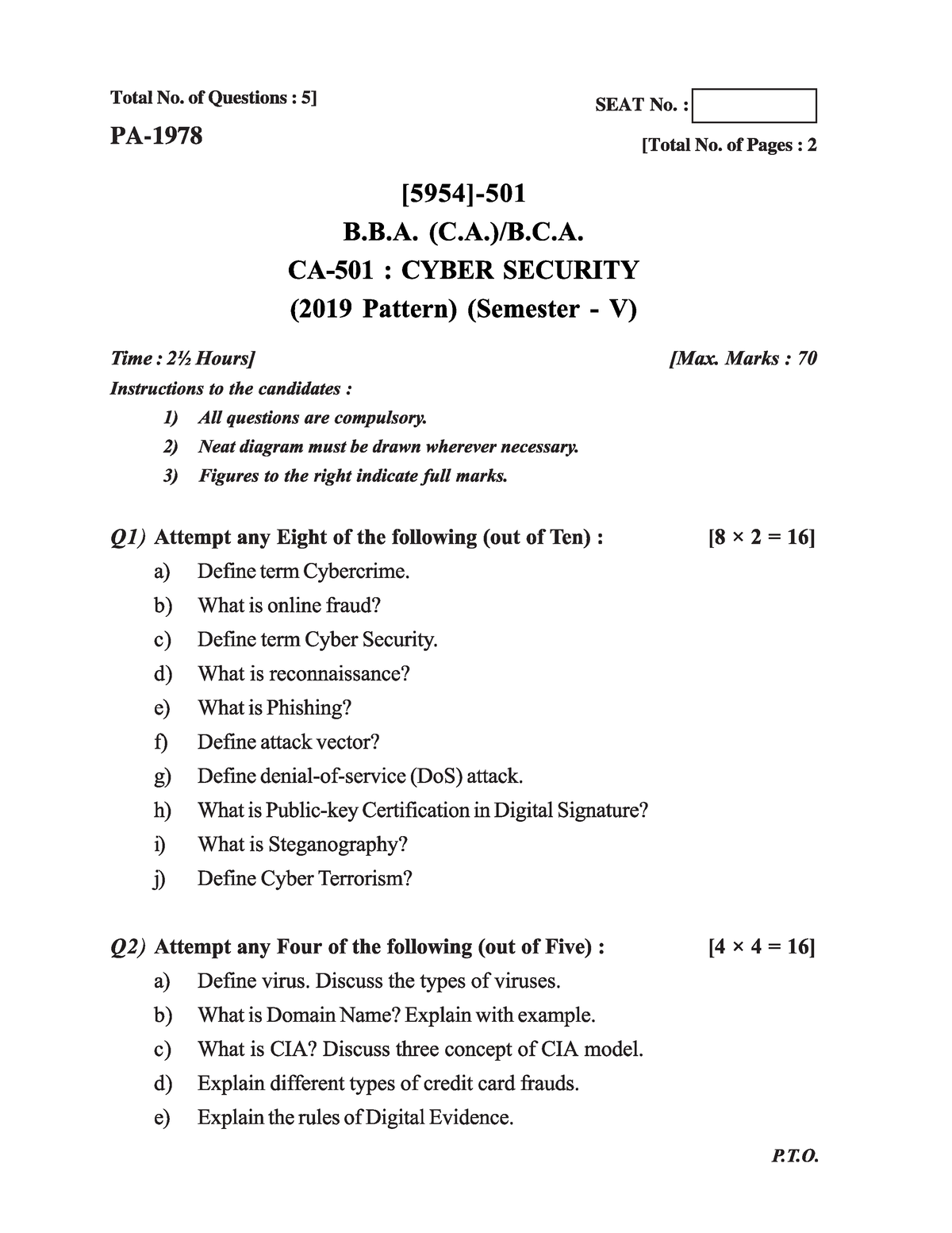 Cyber Security Question Paper - Bachlor Of Coputer Application(science ...