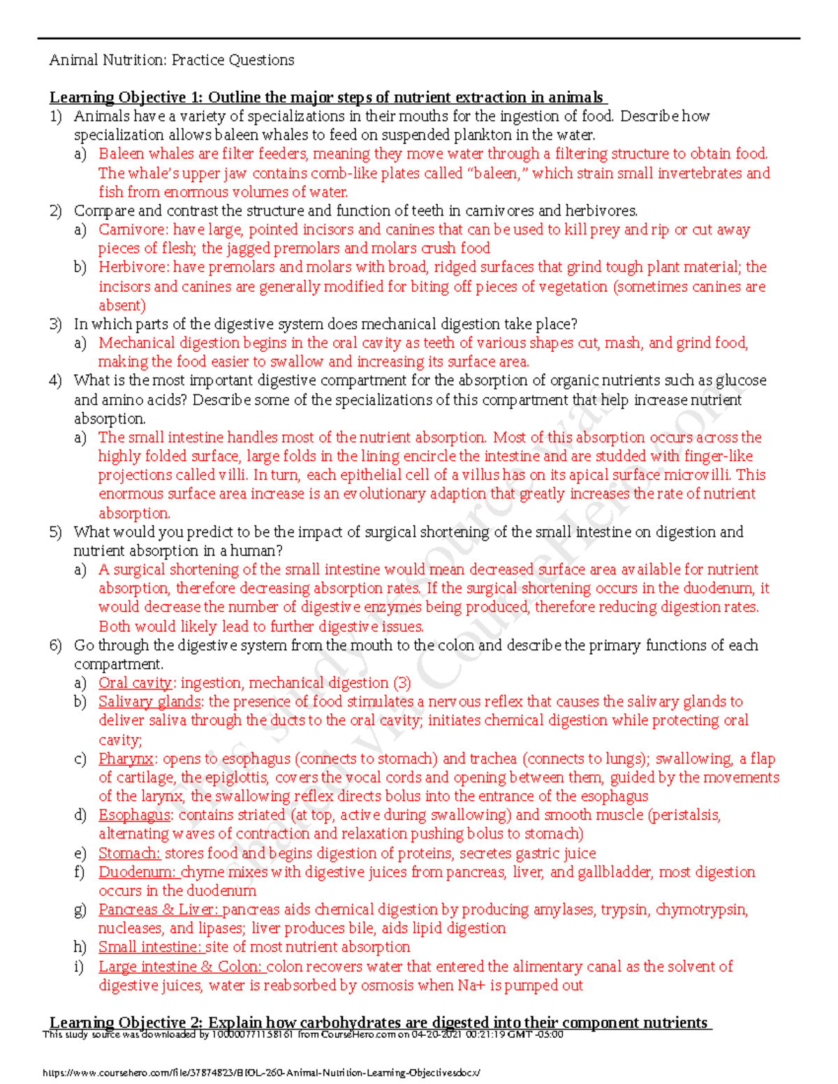 1BIOL 260 Animal Nutrition Learning Objectives - EPSE 390A - UBC - Studocu
