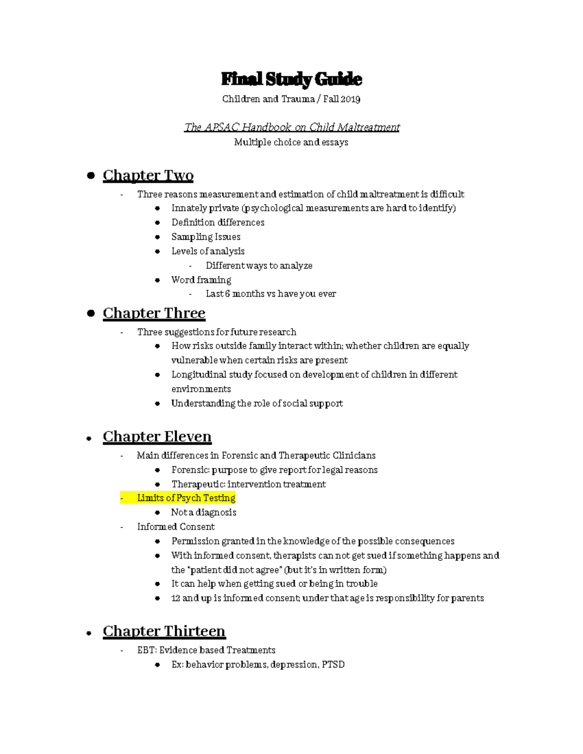 Final Study Guide - Final Study Guide Children and Trauma / Fall 2019 ...