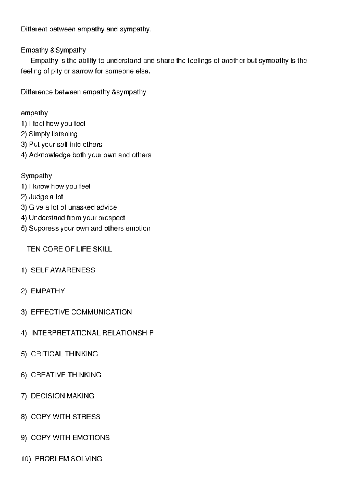 Life skill 2 - Different between empathy and sympathy. Empathy ...