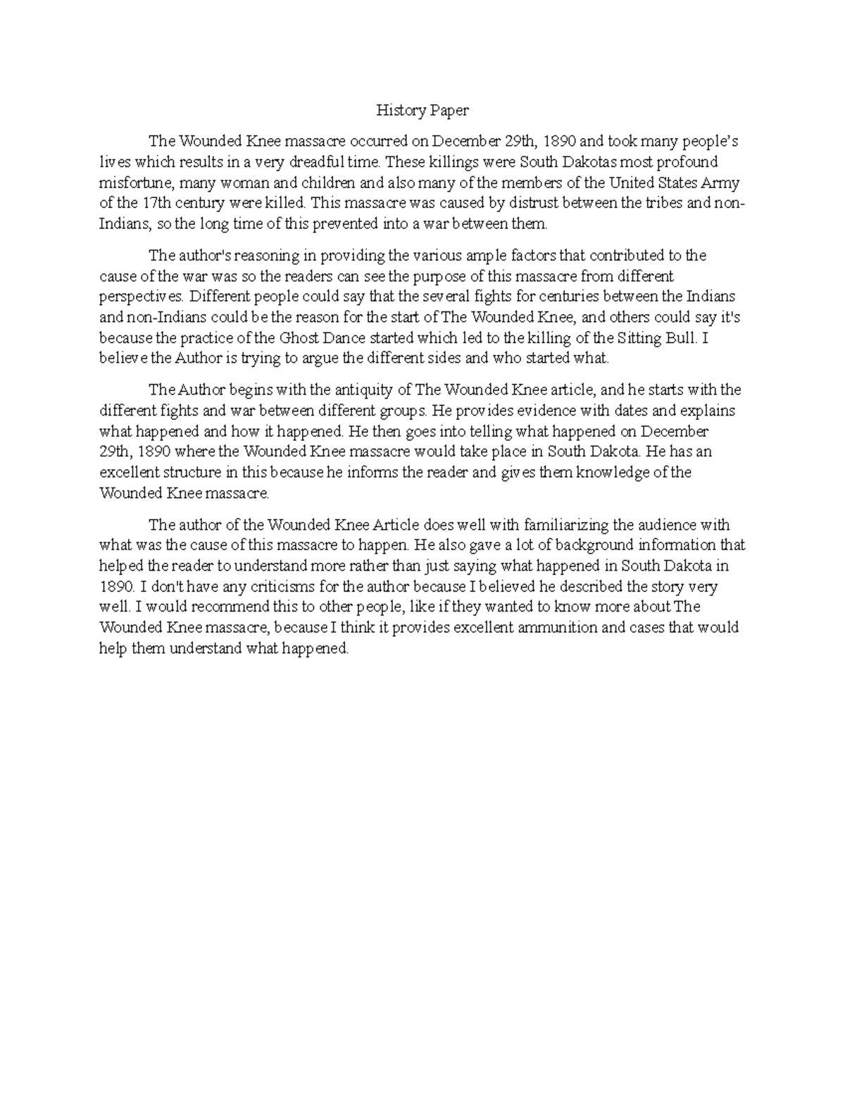 Hist paper 1 studoc - Grade: 85 - History Paper The Wounded Knee ...