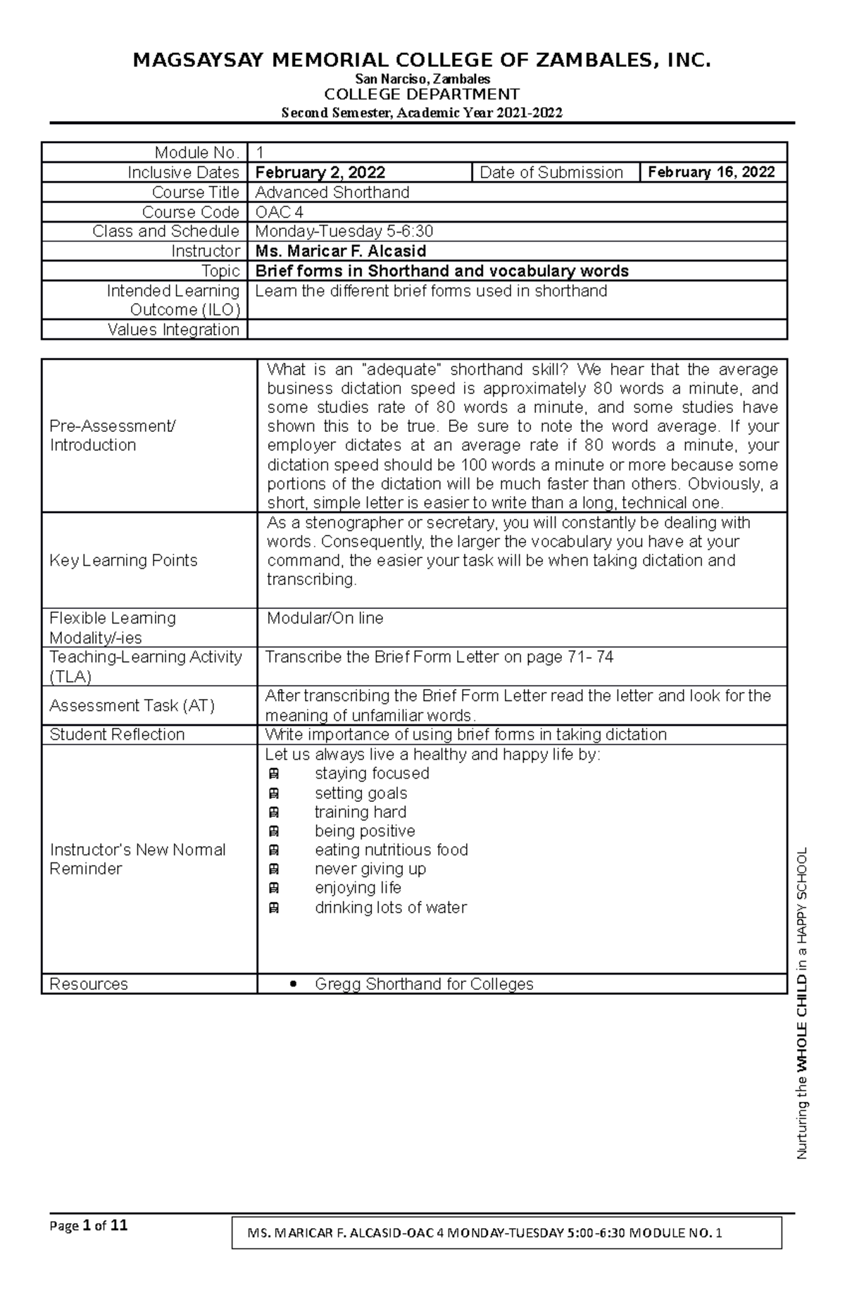 Module 1 Brief Forms - San Narciso, Zambales COLLEGE DEPARTMENT Second ...