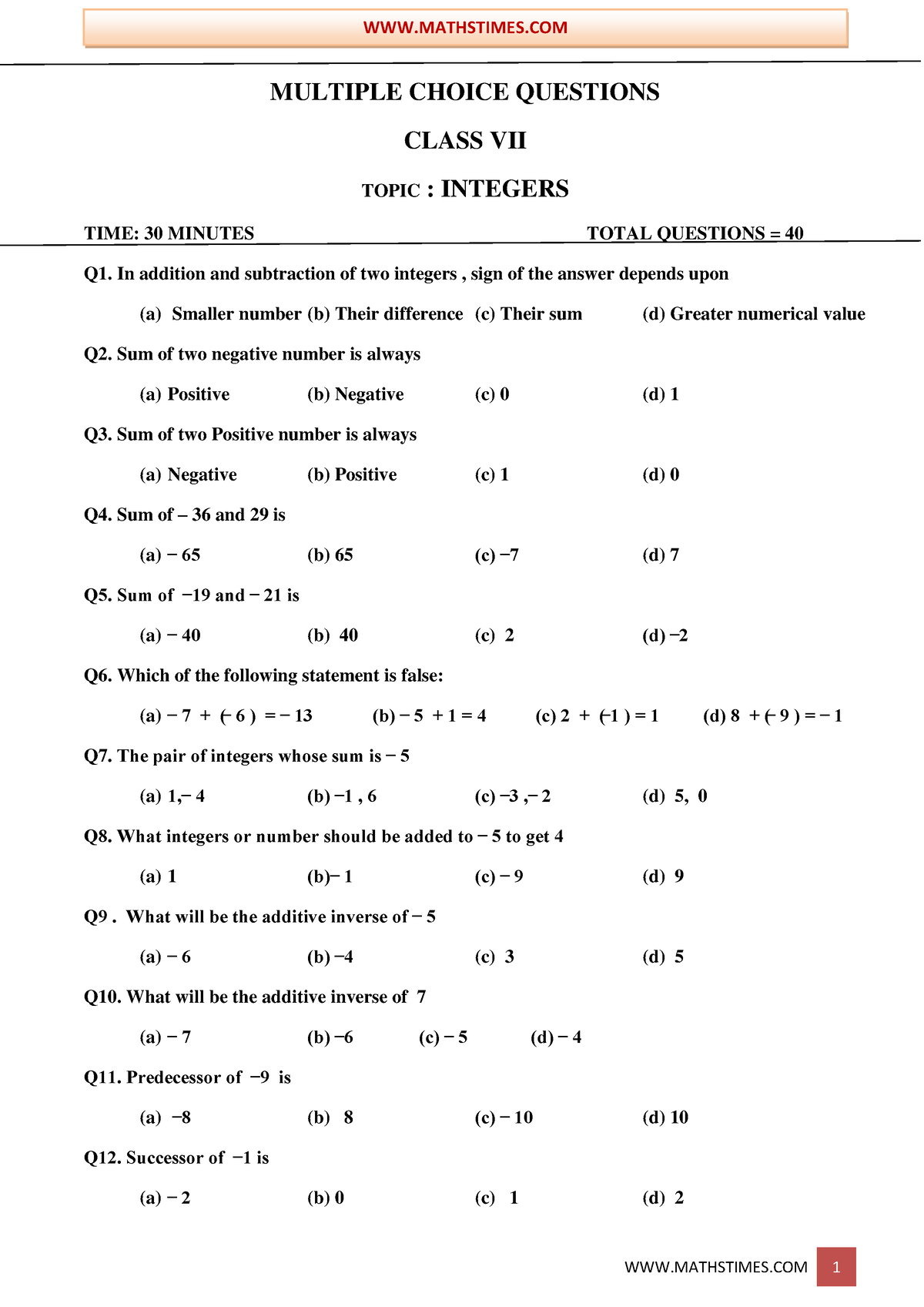 MCQ- Class-VII - This was a lecture notes. - MULTIPLE CHOICE QUESTIONS ...