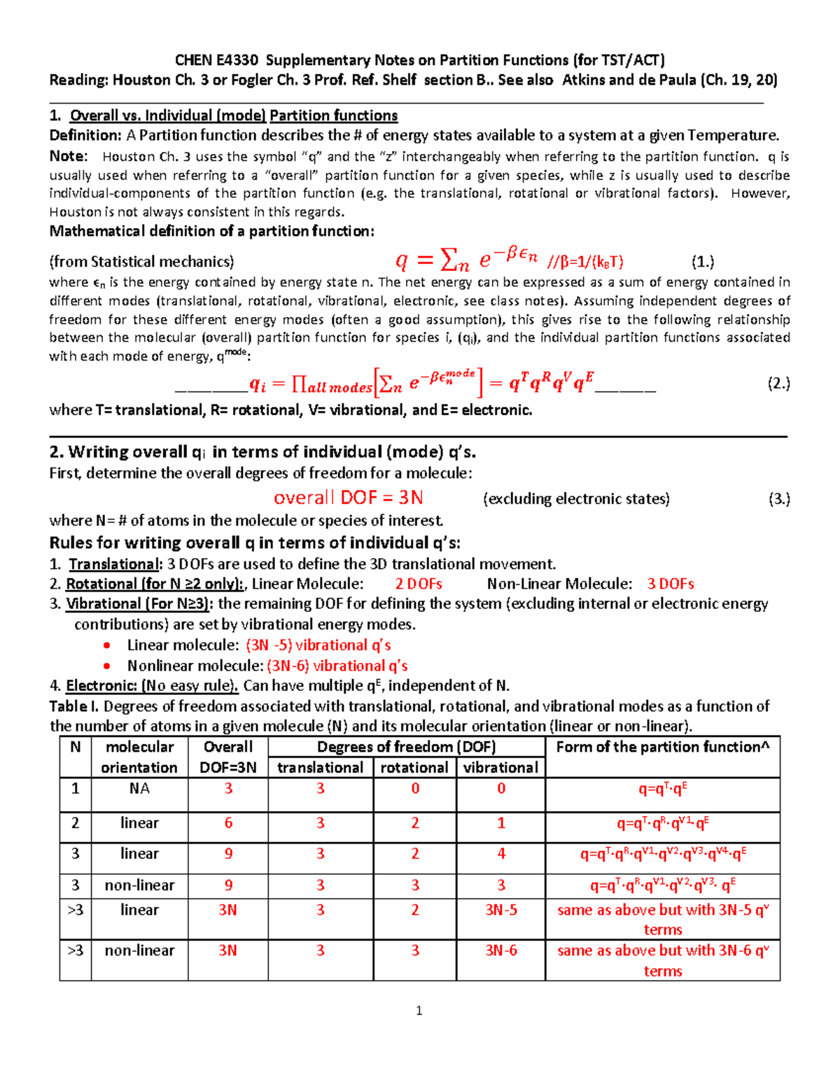 Chemical kinetics-partition functions - 1 CHEN E4330 Supplementary ...