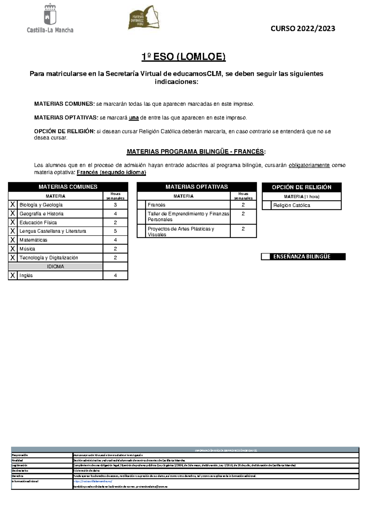 Instrucciones De La Matricula 1eso 1 - CURSO 2022/ INFORMACI”N B¡SICA ...