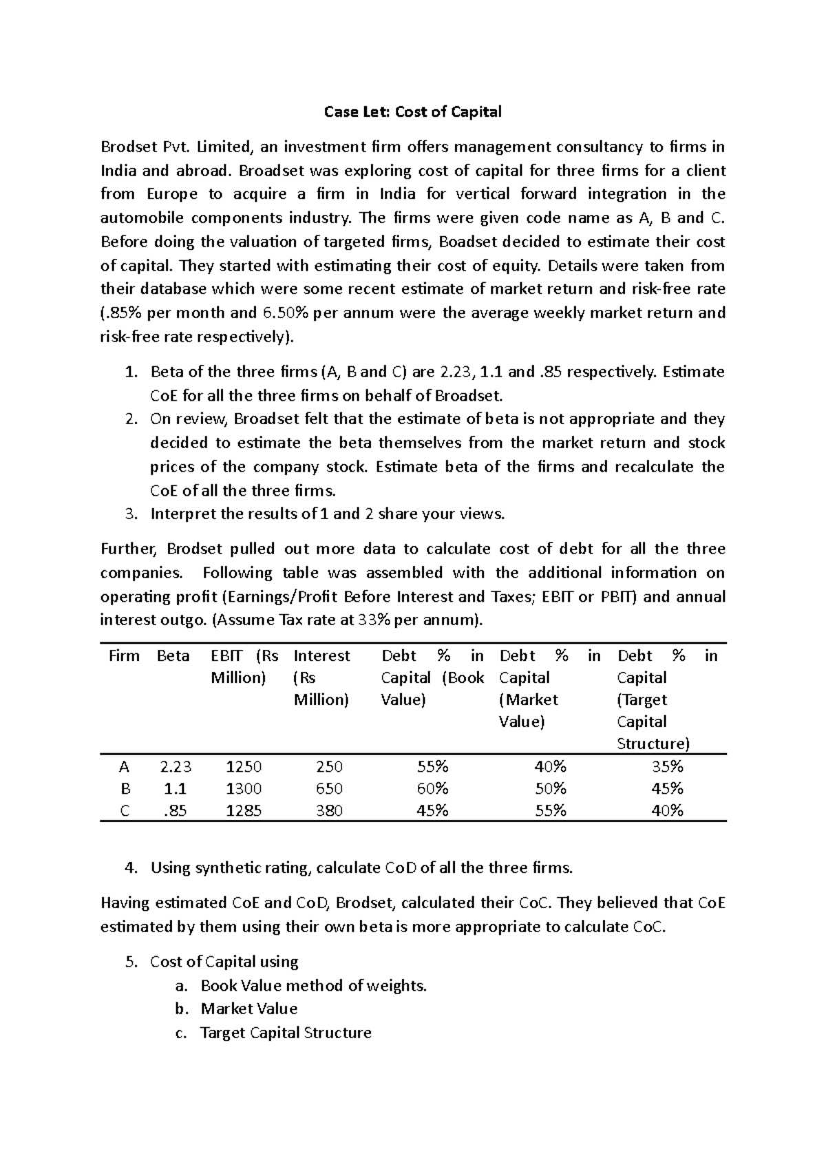CL Co C Financial Management Case Let Cost of Capital Brodset Pvt