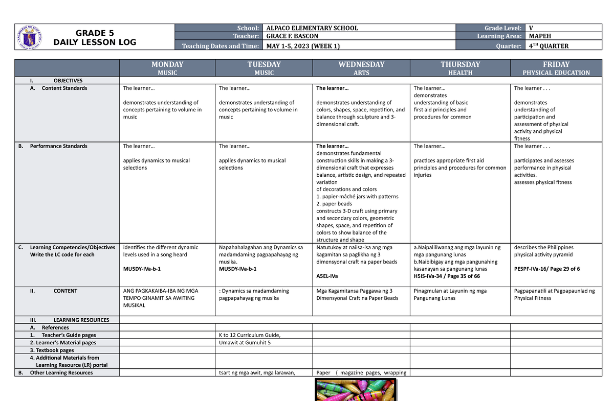 DLL Mapeh 5 Q4 W1 - GRADE 5 DAILY LESSON LOG School: ALPACO ELEMENTARY ...