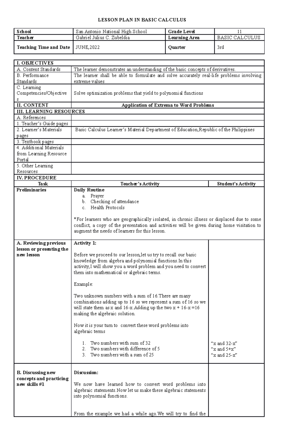 Sample DLP Gabriel Zubeldia - LESSON PLAN IN BASIC CALCULUS School San ...