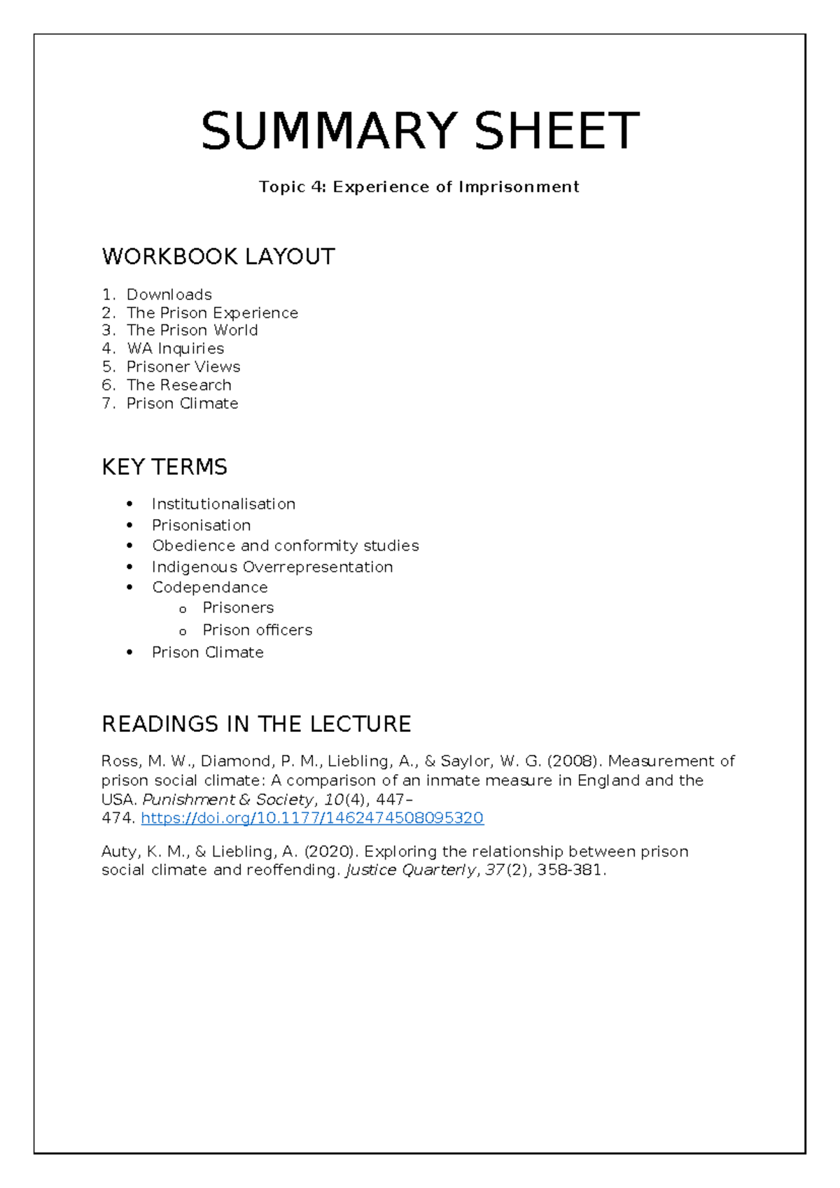L.T4.SS - Study materials - SUMMARY SHEET Topic 4: Experience of ...