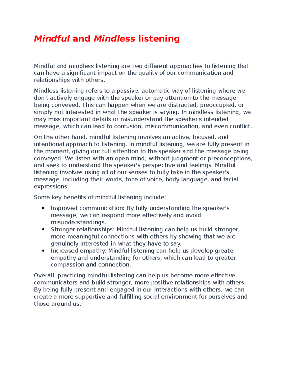 Document 82 - essay - Mindful and Mindless listening Mindful and ...