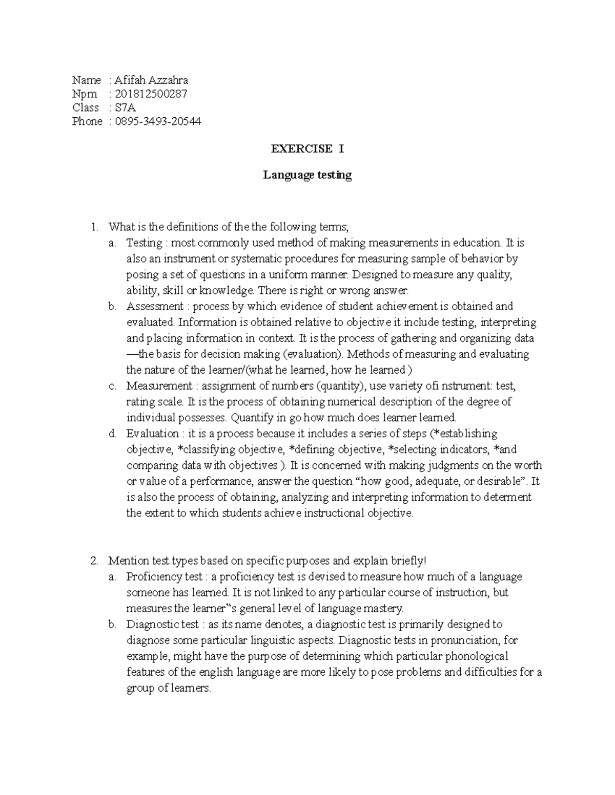 2021-09-27 Exercise I Language Testing - Name : Afifah Azzahra Npm ...