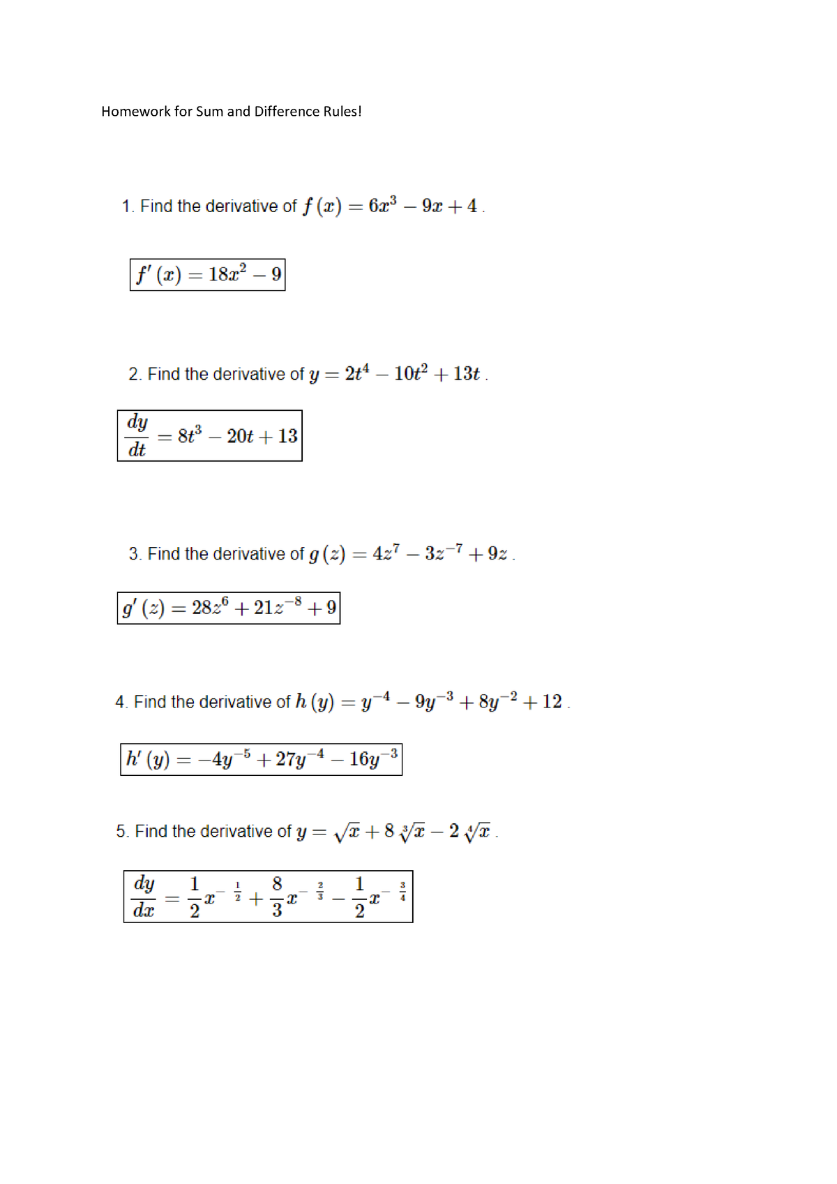 Homework for Sum and Difference Rules - Kalkulus II - Studocu