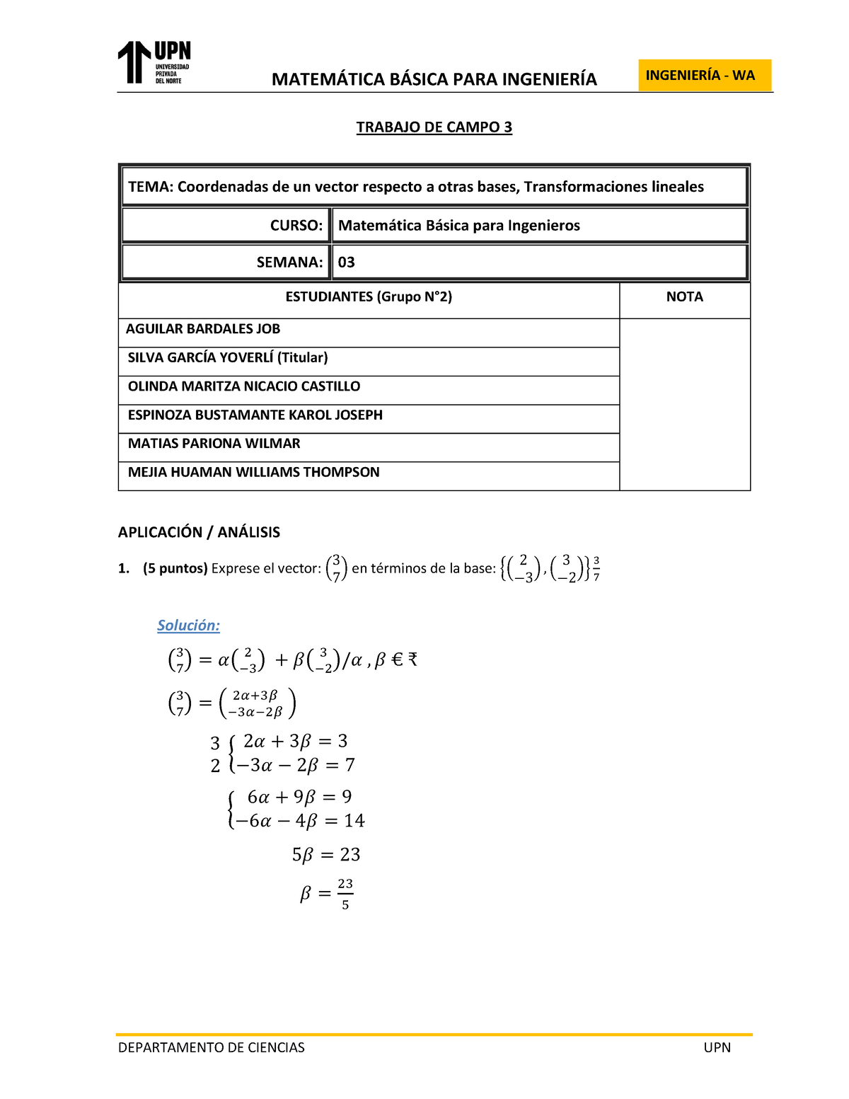 Silva Y Trabajodecampo 3 - MATEM¡TICA B¡SICA PARA INGENIERÕA TRABAJO DE ...