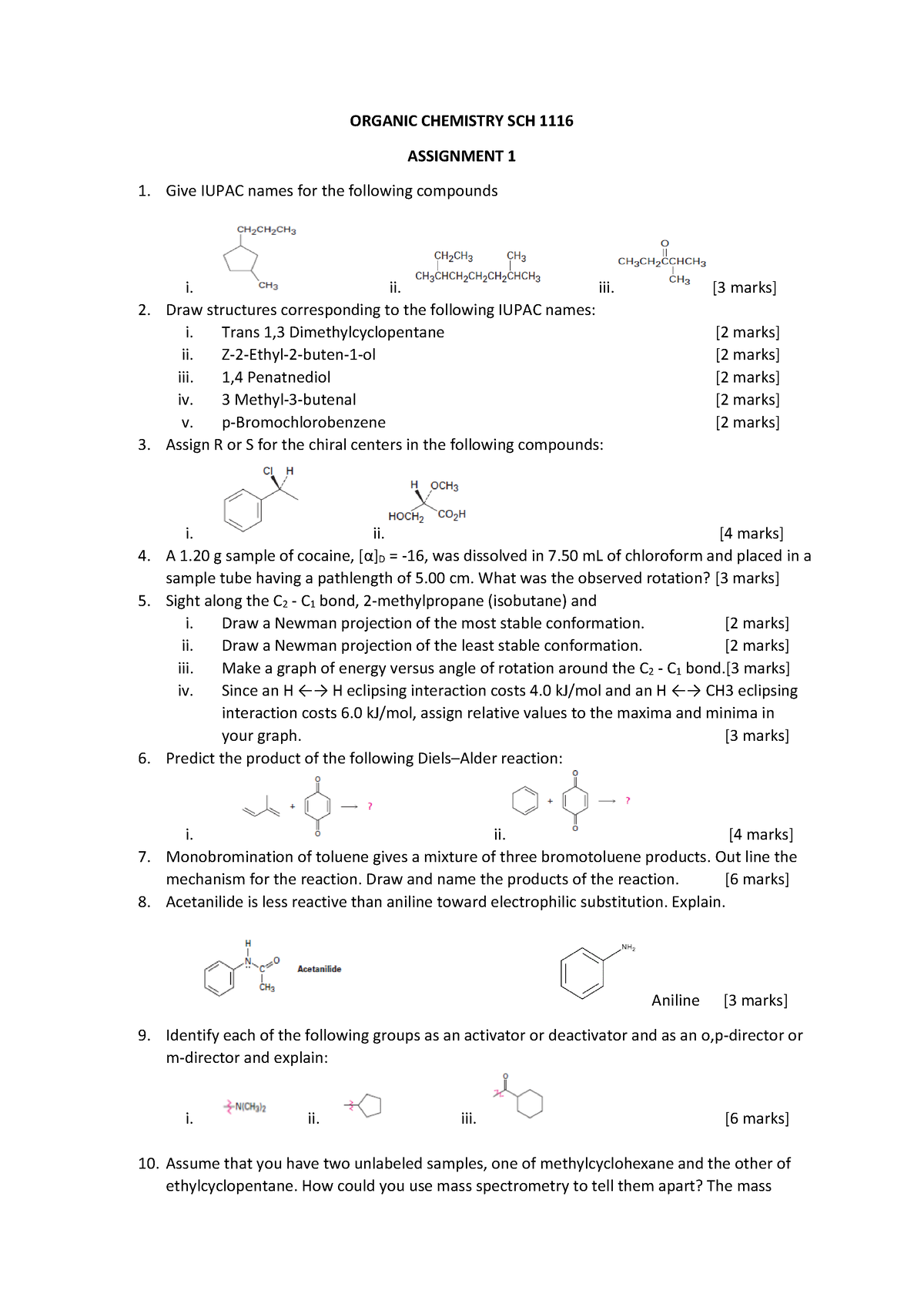 Assignment 1 - organic chemisty - ORGANIC CHEMISTRY SCH 1116 ASSIGNMENT ...