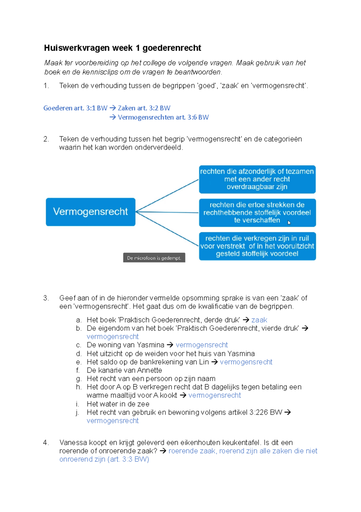Werkgroepopdrachten Week 1 Goederenrecht - Huiswerkvragen Week 1 ...
