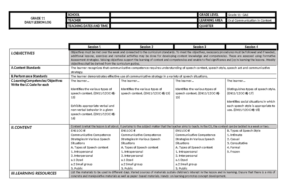 Dll oral - dll - GRADE 11 DAILY LESSON LOG SCHOOL GRADE LEVEL Grade 11 ...