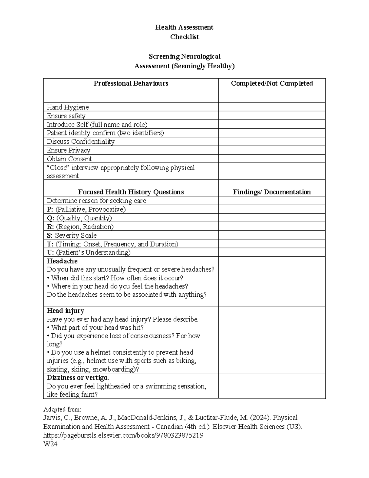 Neurological Checklist ss24 - Checklist Screening Neurological ...