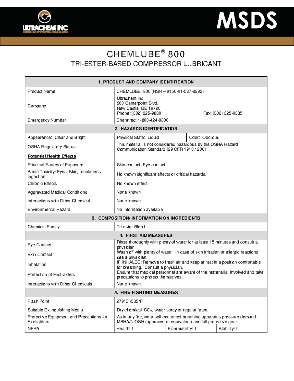 MSDS (Chemlube 800) B1260800 MSDS CH EM L U B E 8 0 0 TRIESTERBASED