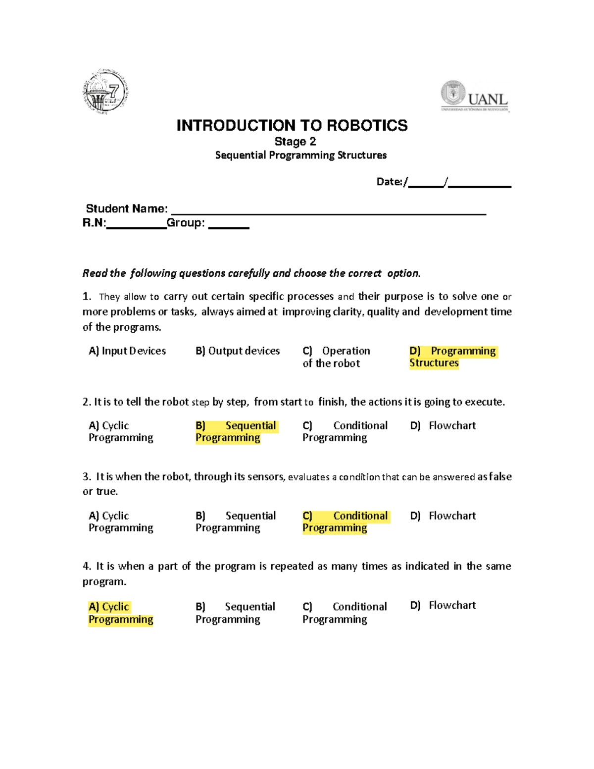 LAB- Stage 2 - INTRODUCTION TO ROBOTICS Stage 2 Sequential Programming ...