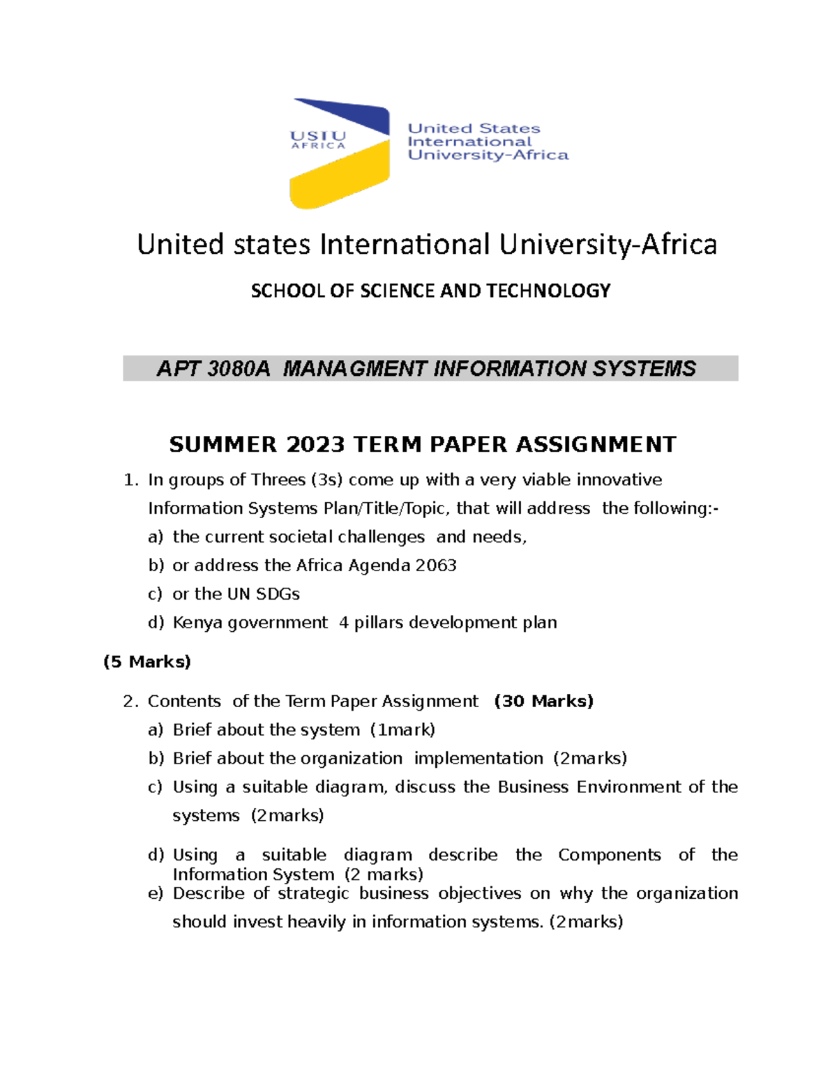 APT 3080A MIS TERM Paper Assignment - United states International ...