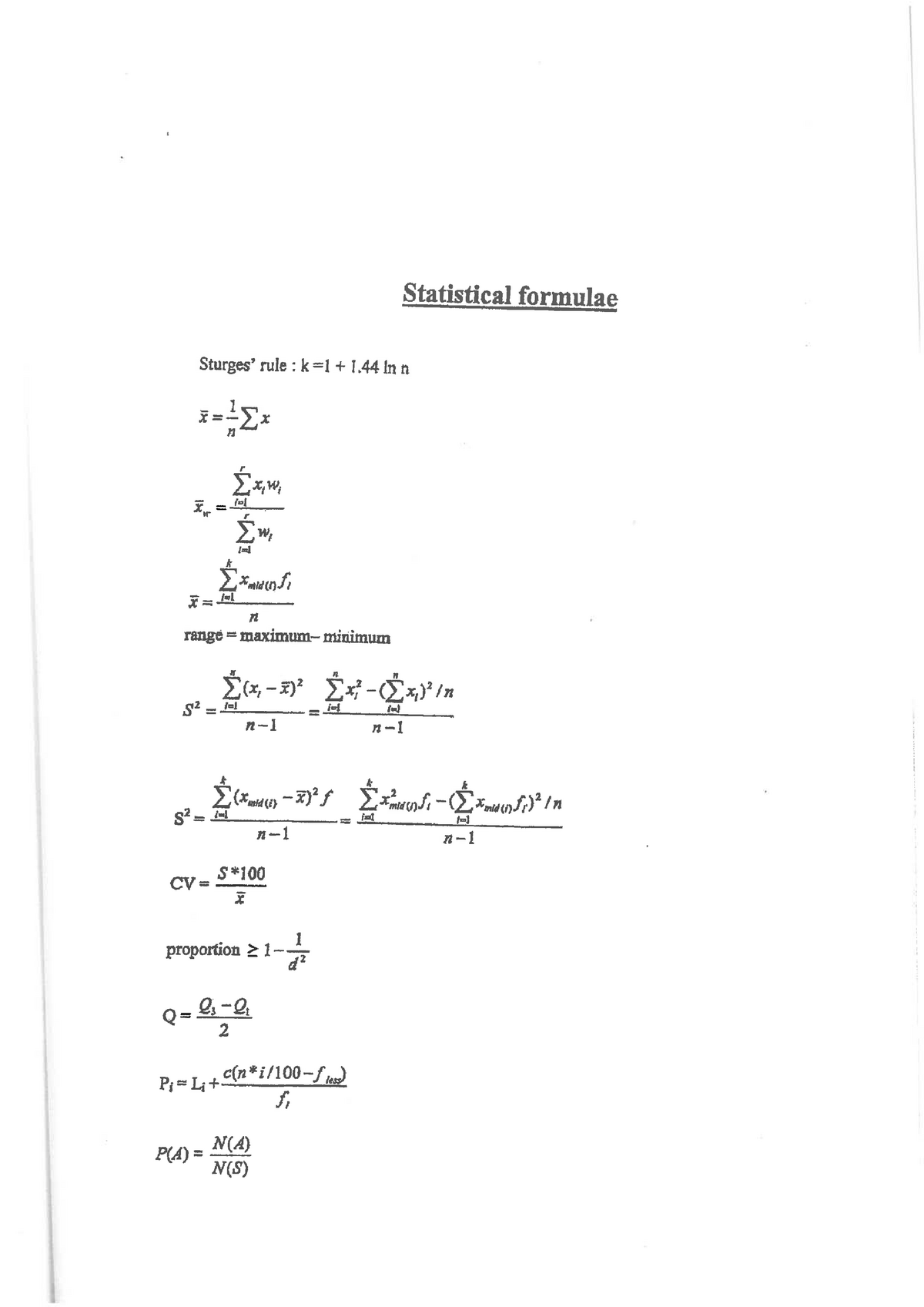 Formula Sheet Stat130 Statistical Formulae Rule K 1 1 3w Rl